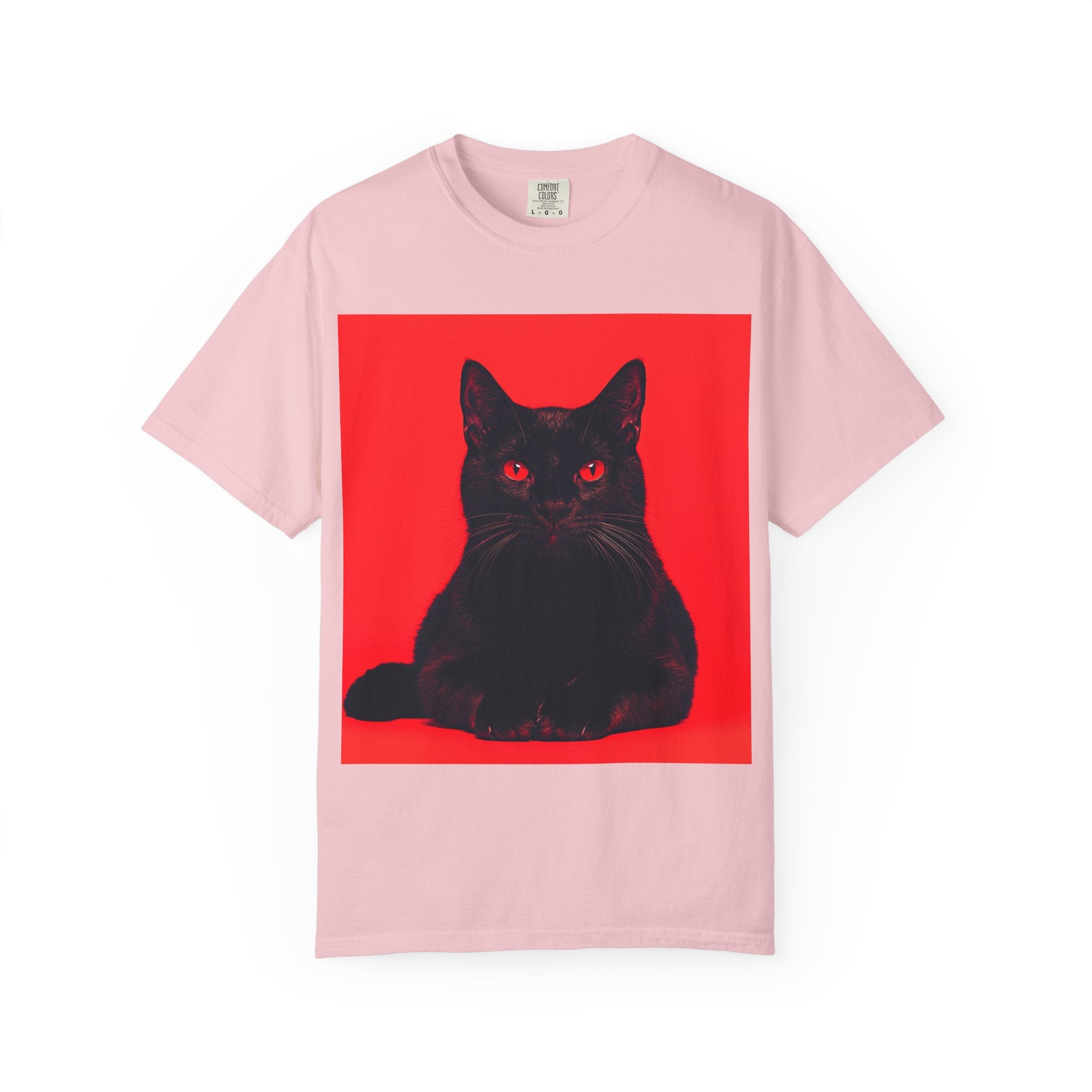 Unisex Siyah Kedi Portre Tişörtü | Kırmızı Kare Grafik