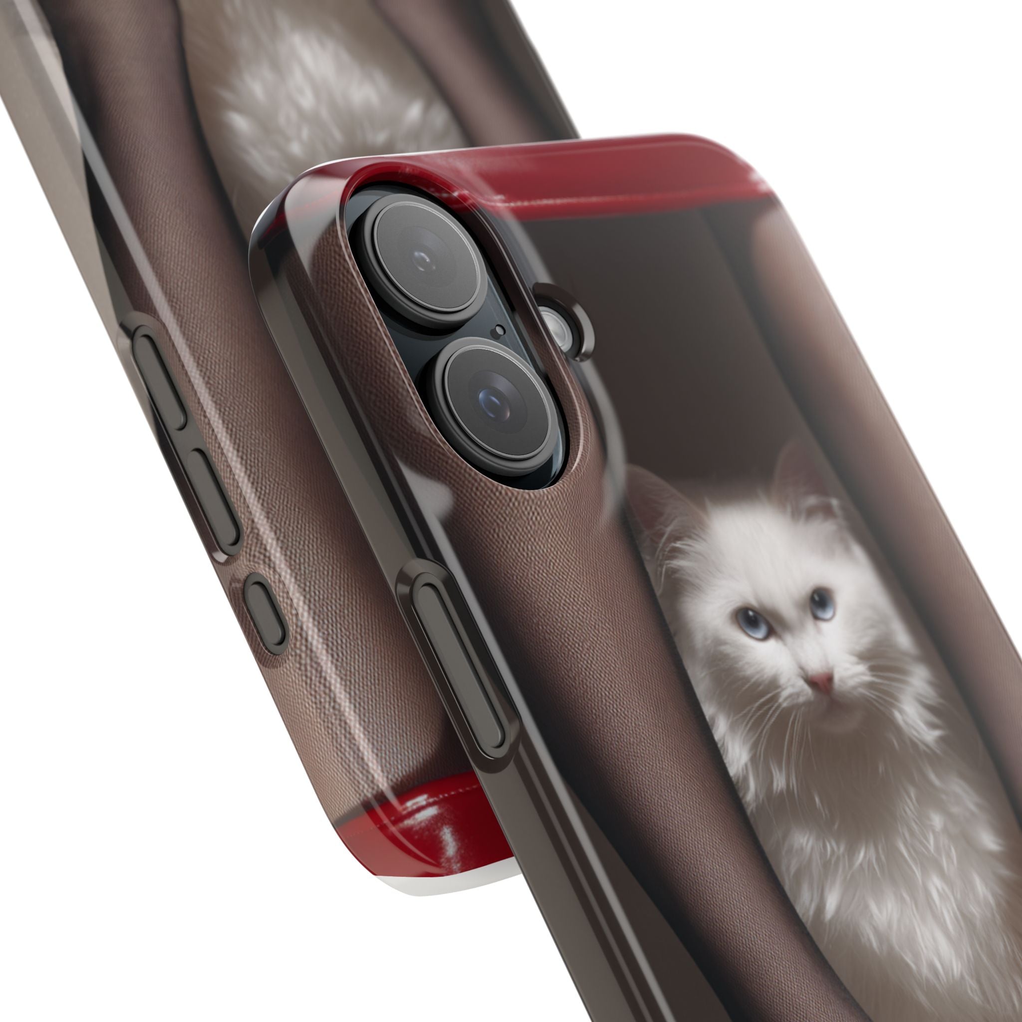 Bacaklar Arasında Beyaz Tüylü Kedi İnce Telefon Kılıfı | Kırmızı Topuklu Ayakkabı, Siyah Çorap