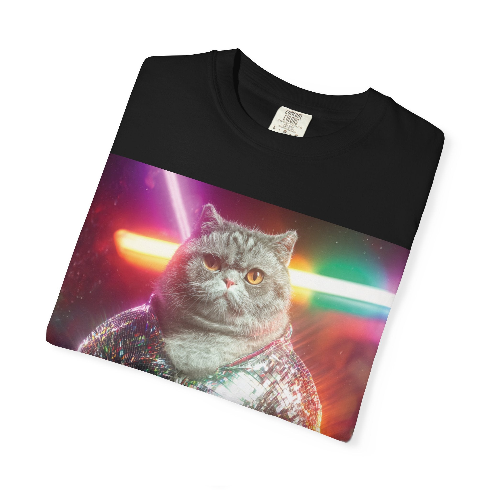 Unisex Disko Kedi Tişörtü | Pullu Ceketli Komik Kedi, Şık Kedi Severler Hediyesi, Trend Kedi Grafik Tişörtü