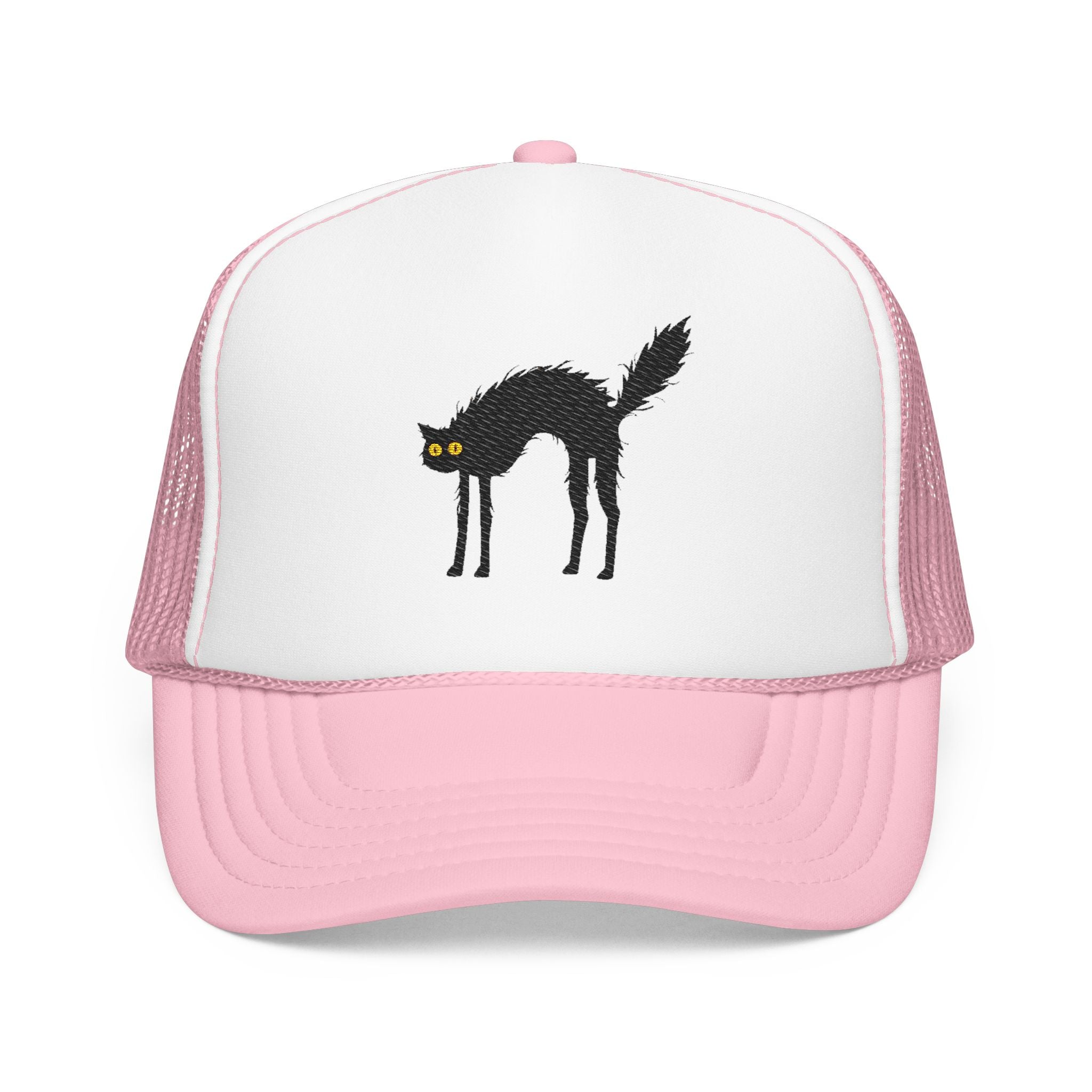 Embroidered Black Cat Trucker Hat — Vintage Halloween Foam Mesh Cap