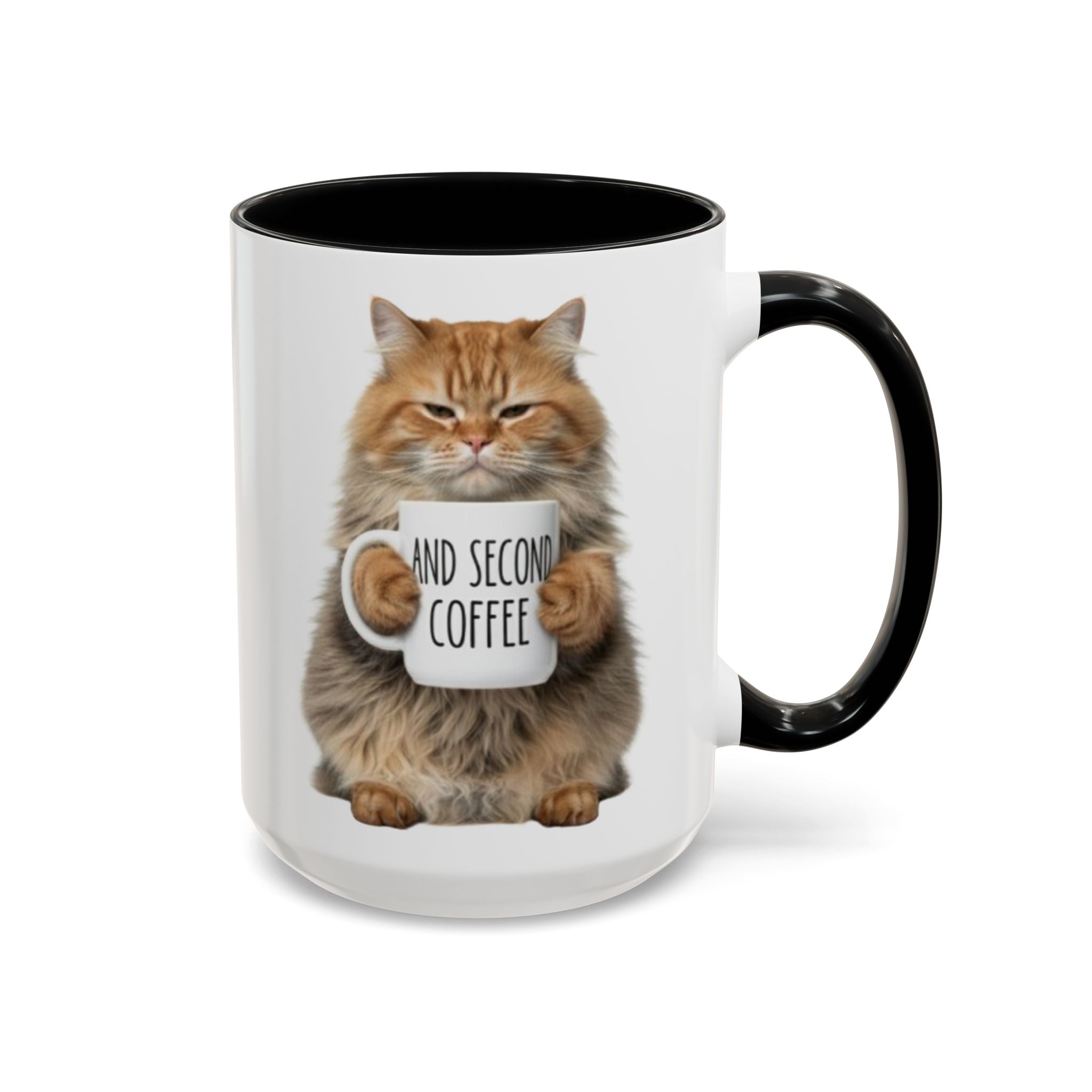 Cat Coffee Mug - Fluffy Cat Holding 'But first Coffee' Accent Mug (11/15oz) affordable gift