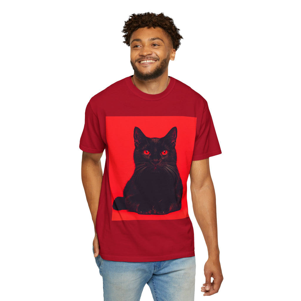 Unisex Siyah Kedi Portre Tişörtü | Kırmızı Kare Grafik