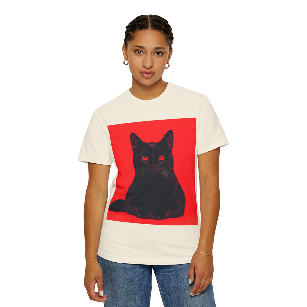 Unisex Siyah Kedi Portre Tişörtü | Kırmızı Kare Grafik