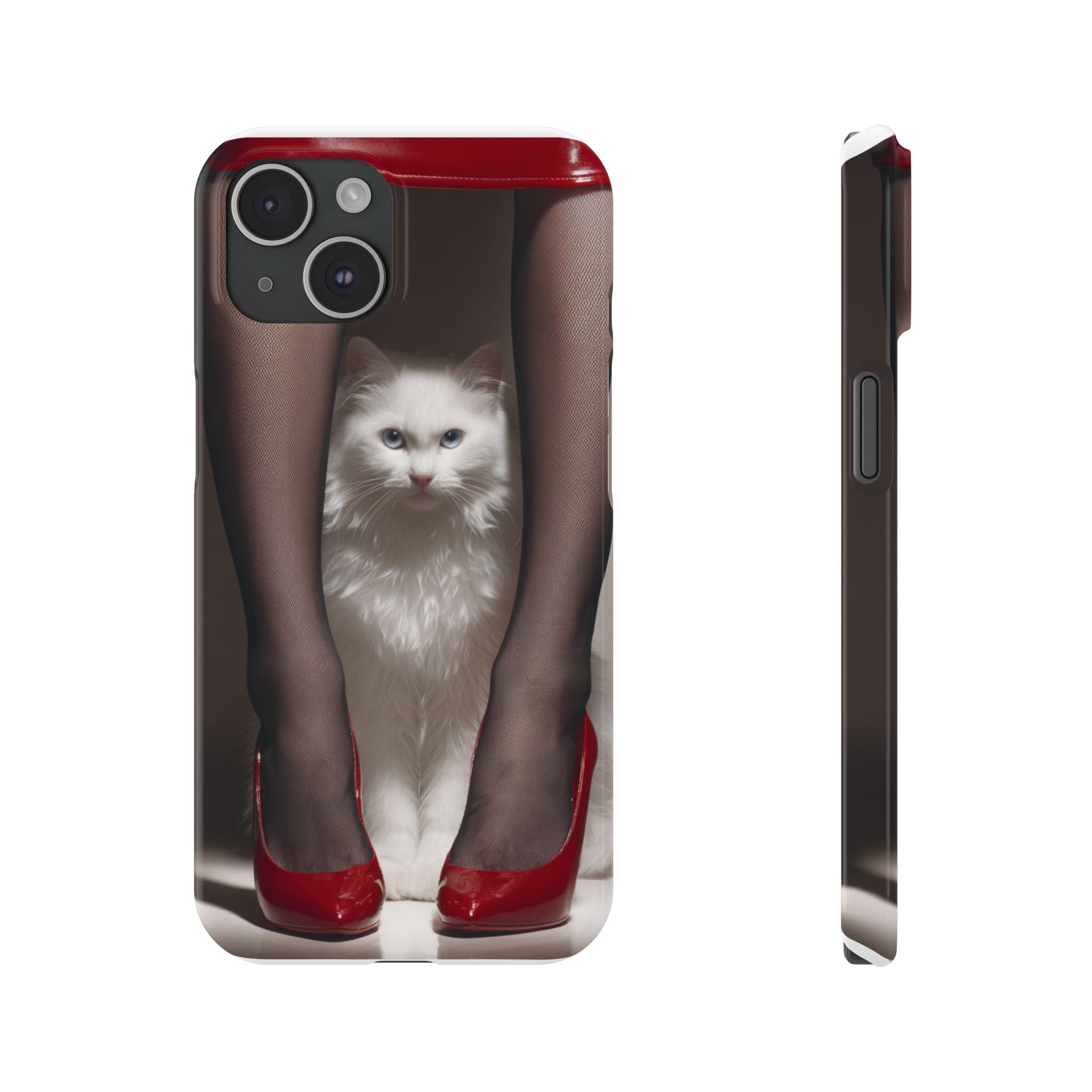 Bacaklar Arasında Beyaz Tüylü Kedi İnce Telefon Kılıfı | Kırmızı Topuklu Ayakkabı, Siyah Çorap