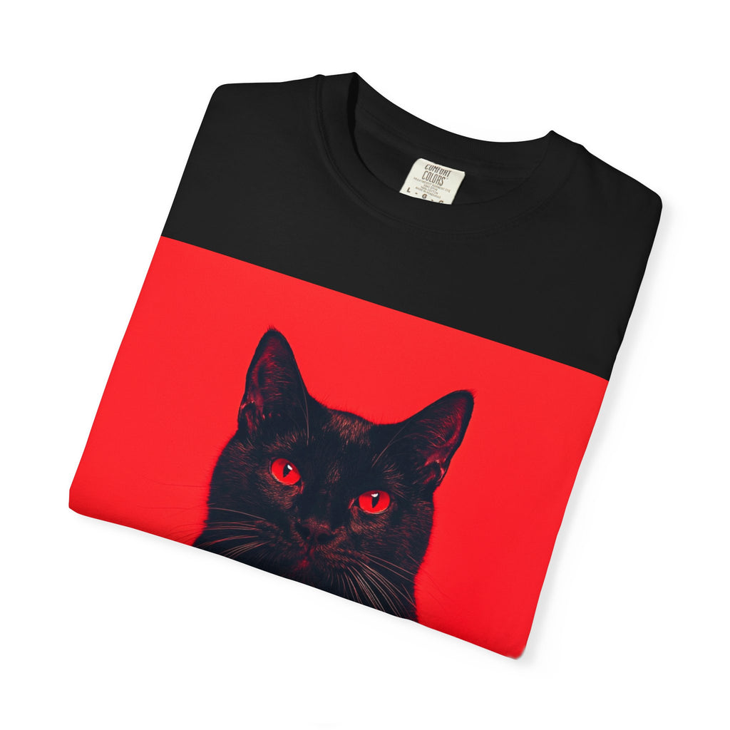 Unisex Siyah Kedi Portre Tişörtü | Kırmızı Kare Grafik