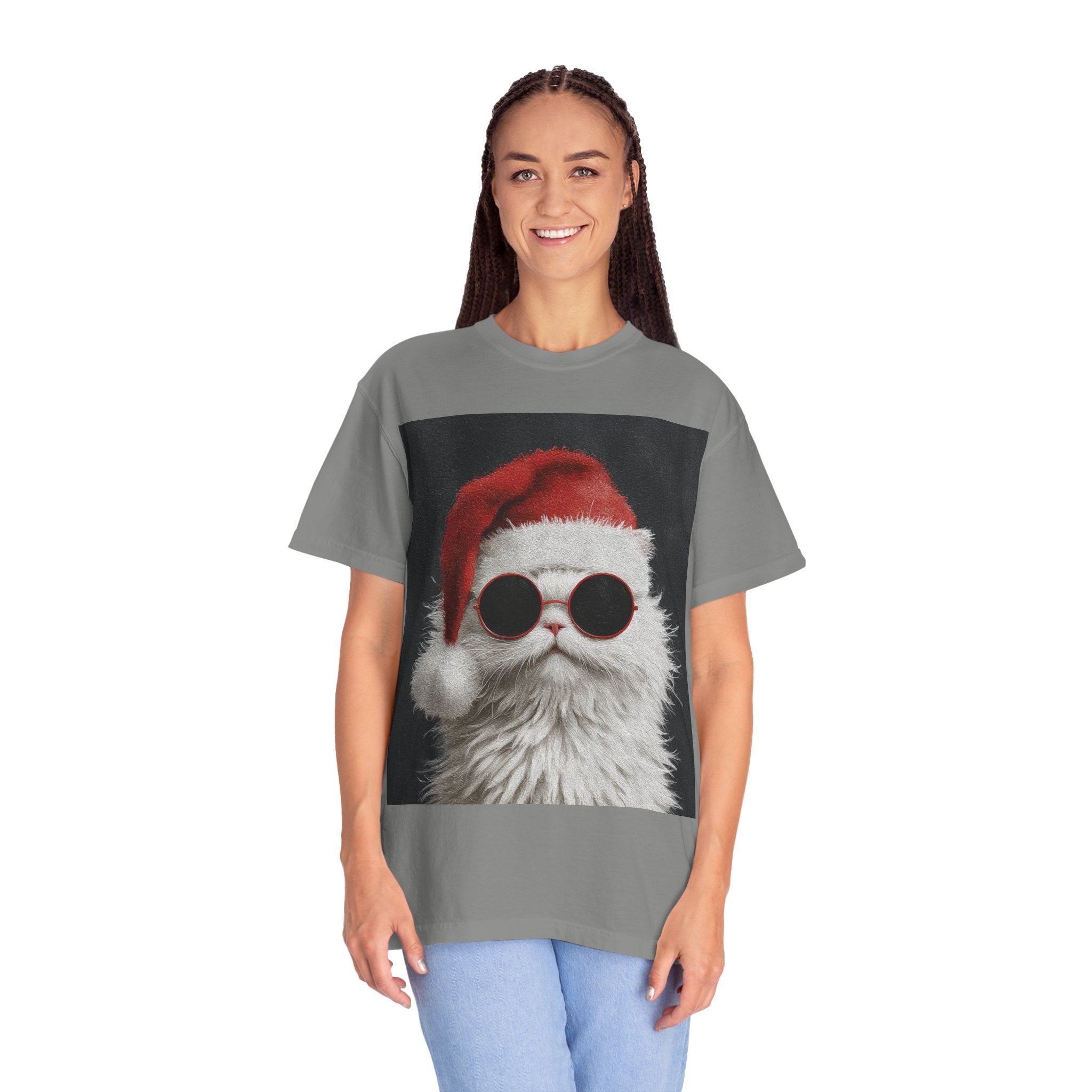 Cool White Cat in Santa Hat T-Shirt | Christmas Cat Shirt
