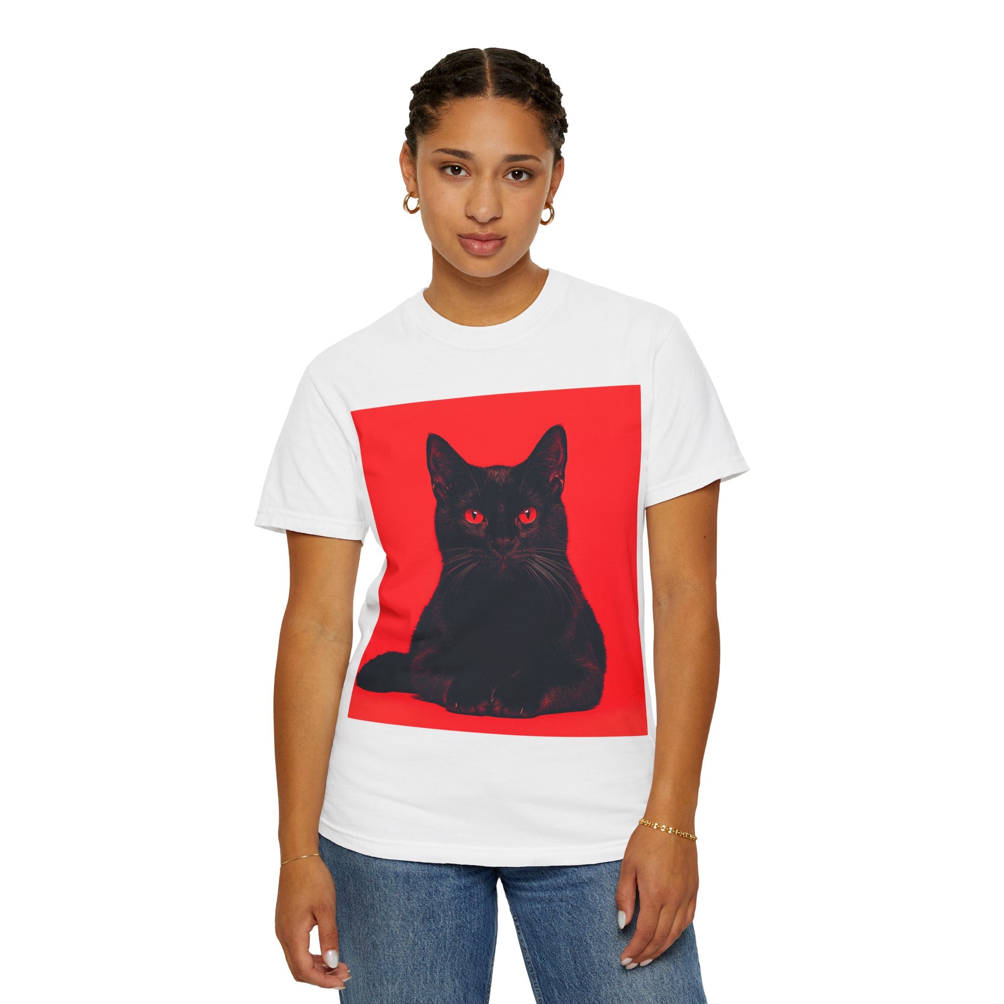 Unisex Siyah Kedi Portre Tişörtü | Kırmızı Kare Grafik