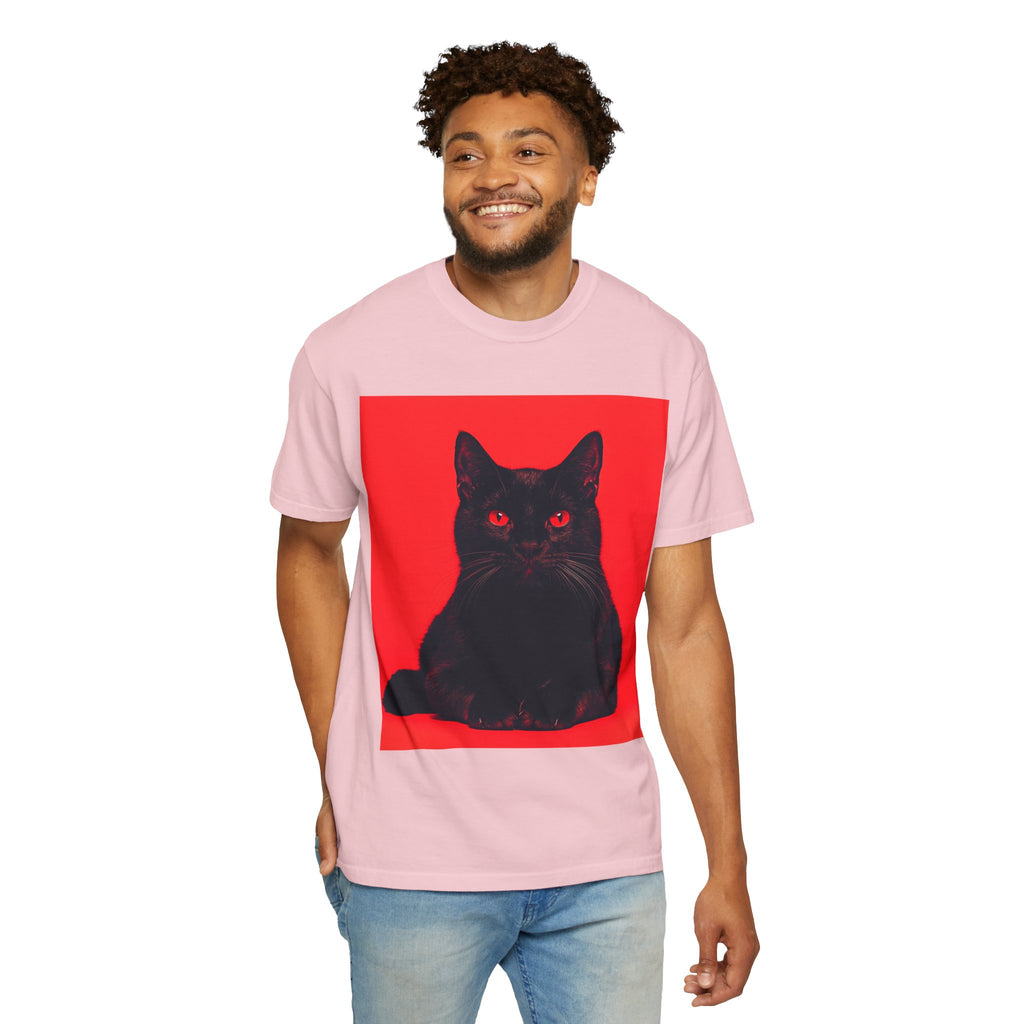 Unisex Siyah Kedi Portre Tişörtü | Kırmızı Kare Grafik
