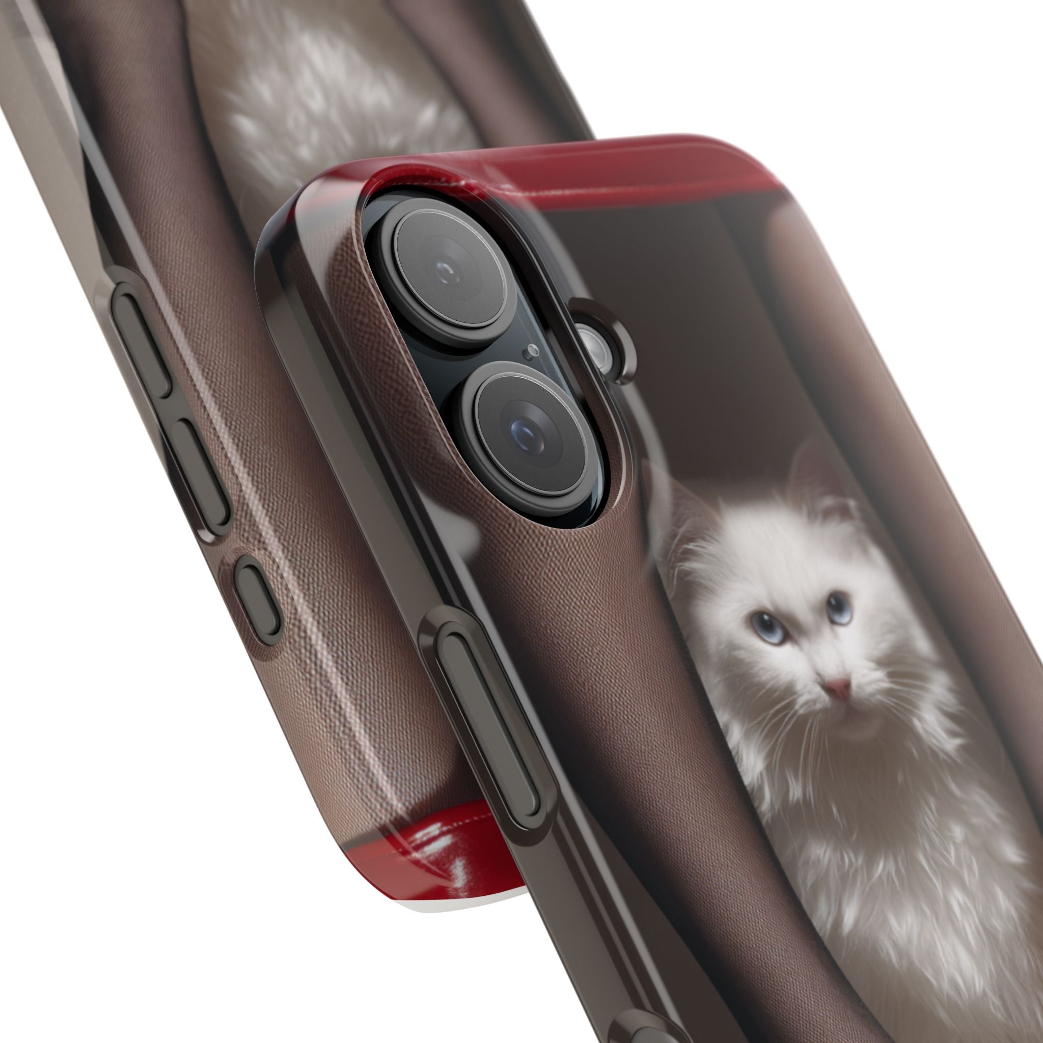 Bacaklar Arasında Beyaz Tüylü Kedi İnce Telefon Kılıfı | Kırmızı Topuklu Ayakkabı, Siyah Çorap