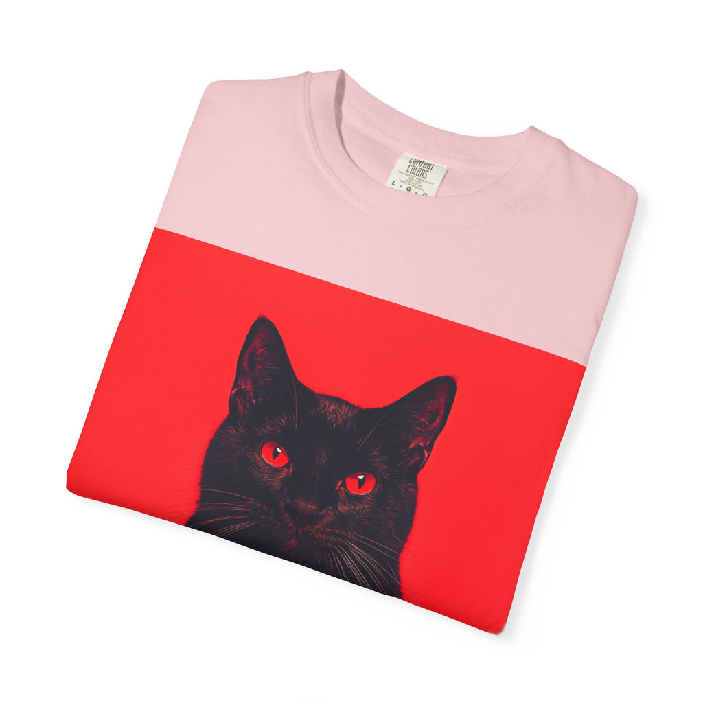 Unisex Siyah Kedi Portre Tişörtü | Kırmızı Kare Grafik