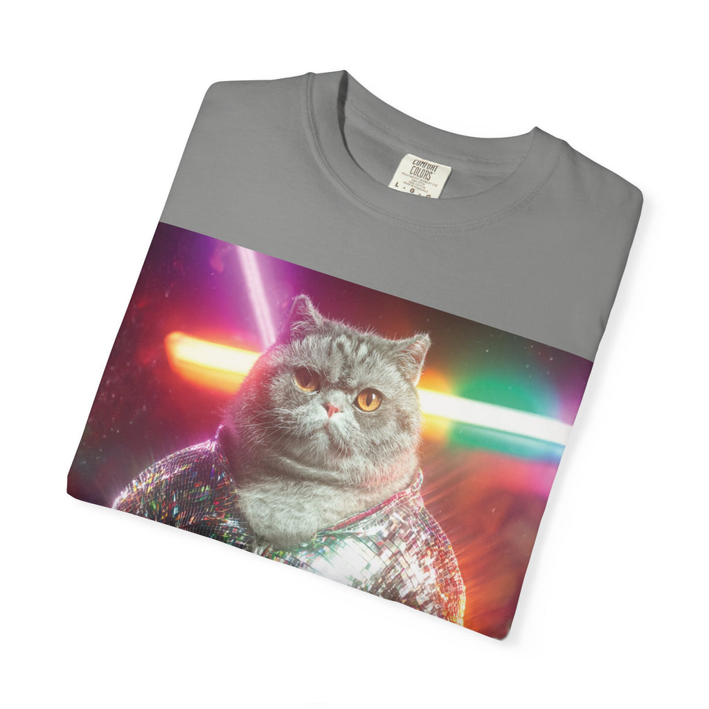 Unisex Disko Kedi Tişörtü | Pullu Ceketli Komik Kedi, Şık Kedi Severler Hediyesi, Trend Kedi Grafik Tişörtü
