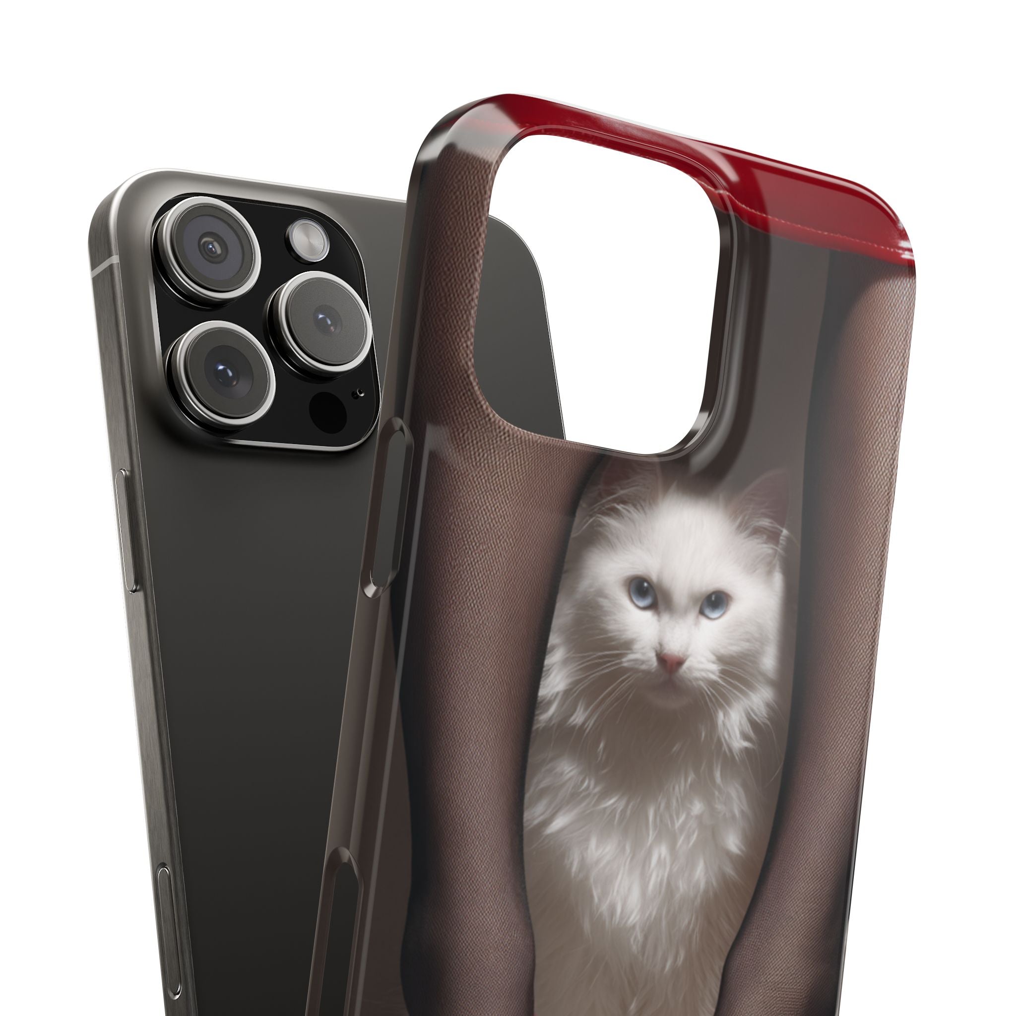 Bacaklar Arasında Beyaz Tüylü Kedi İnce Telefon Kılıfı | Kırmızı Topuklu Ayakkabı, Siyah Çorap