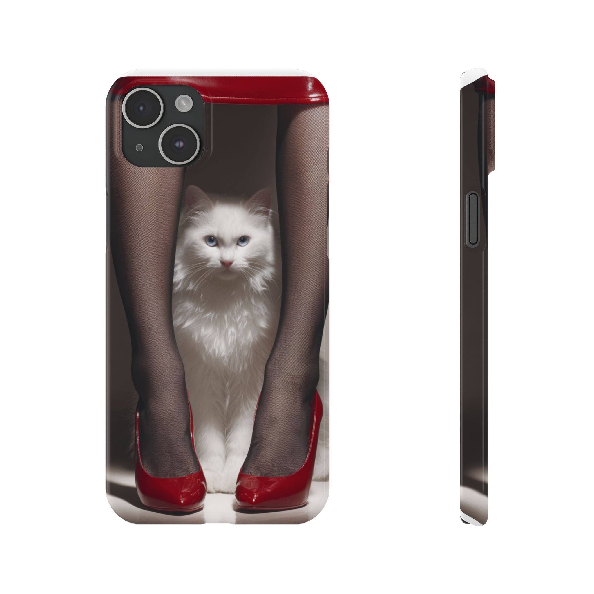Bacaklar Arasında Beyaz Tüylü Kedi İnce Telefon Kılıfı | Kırmızı Topuklu Ayakkabı, Siyah Çorap