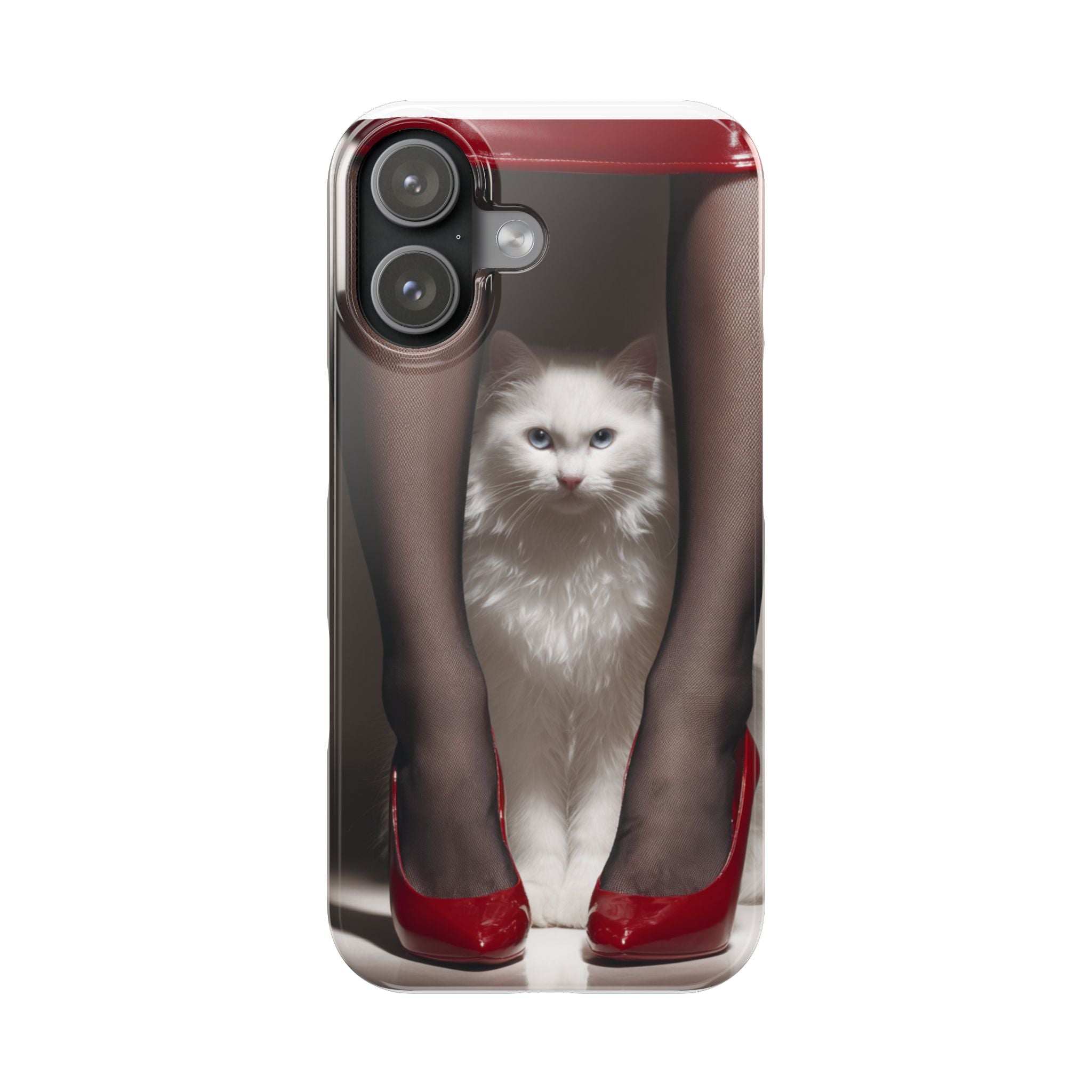 Bacaklar Arasında Beyaz Tüylü Kedi İnce Telefon Kılıfı | Kırmızı Topuklu Ayakkabı, Siyah Çorap