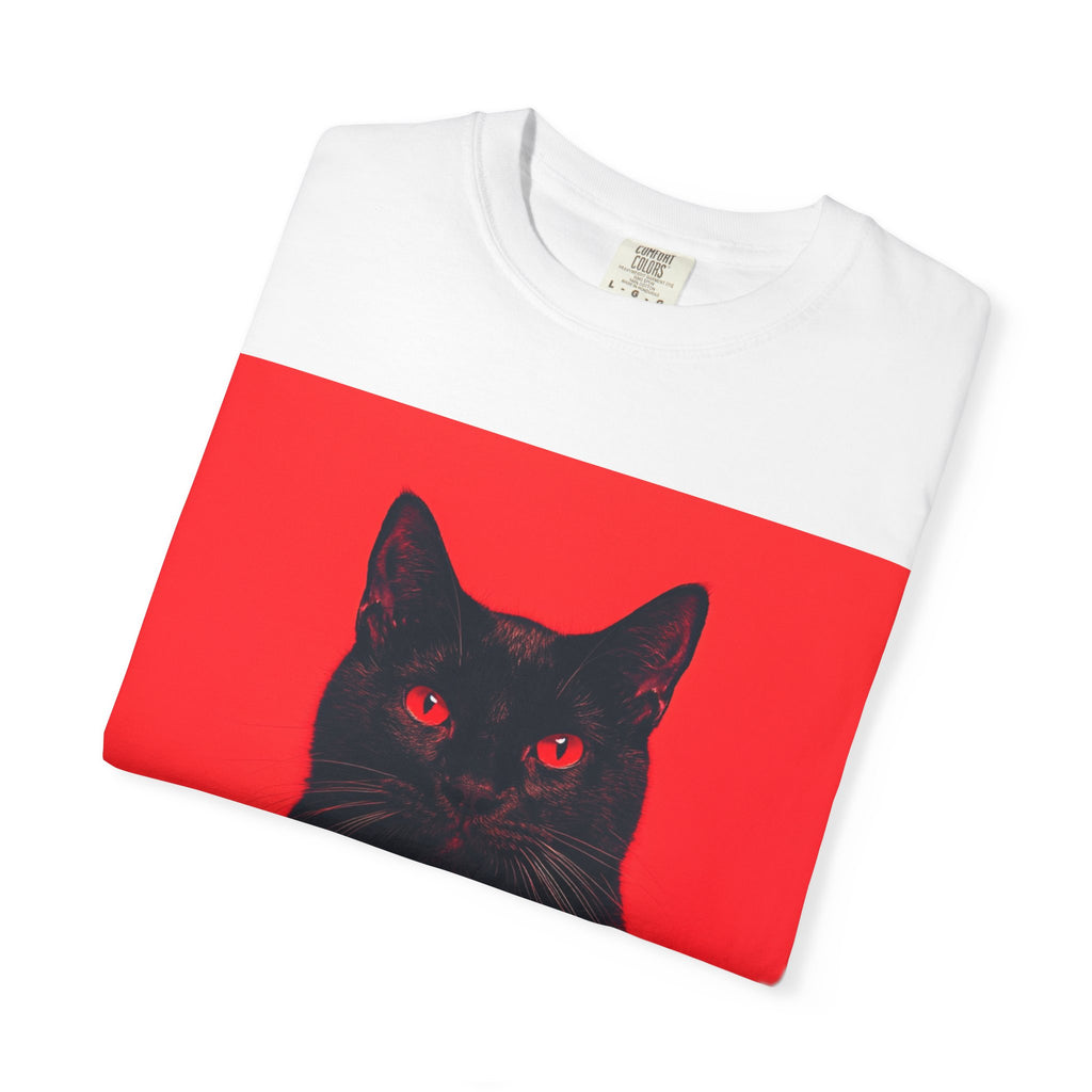 Unisex Siyah Kedi Portre Tişörtü | Kırmızı Kare Grafik