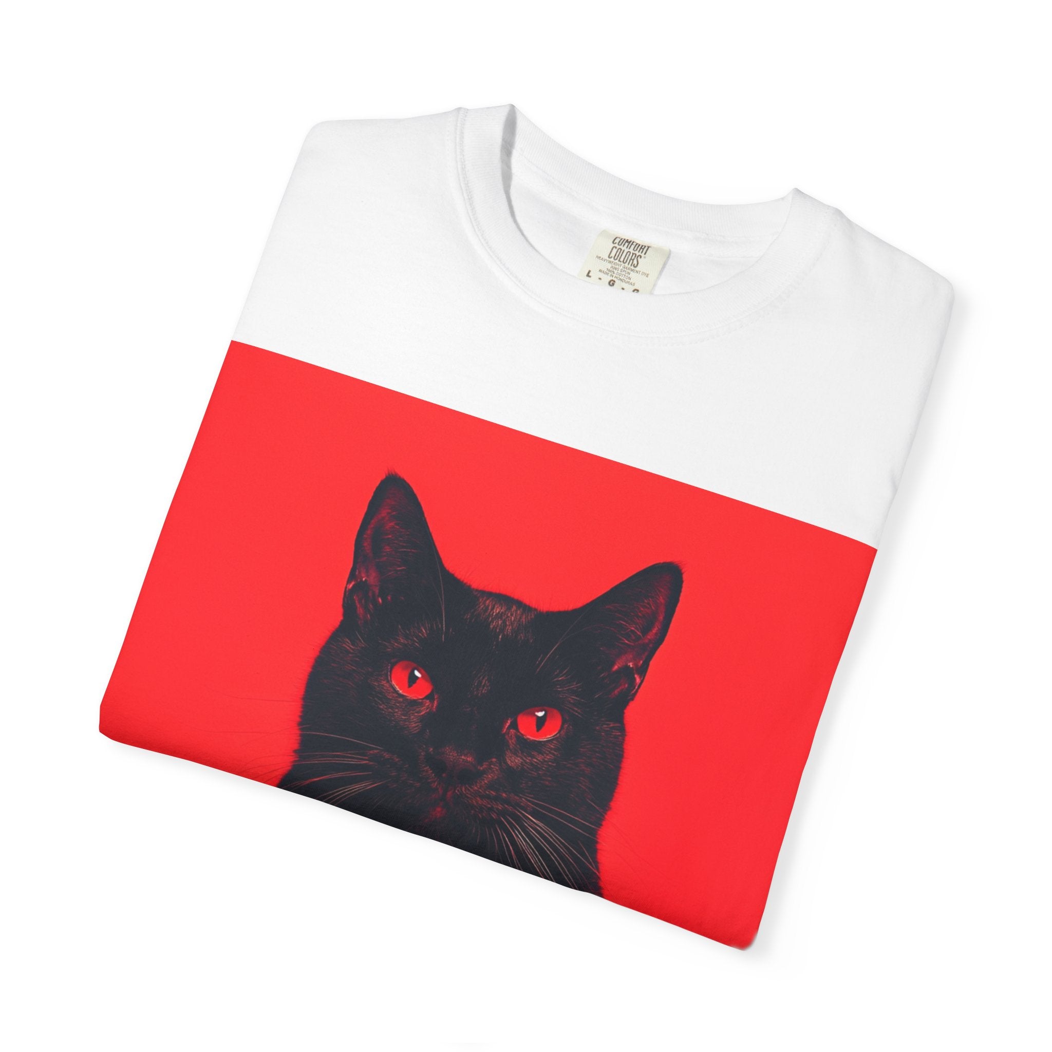 Unisex Siyah Kedi Portre Tişörtü | Kırmızı Kare Grafik