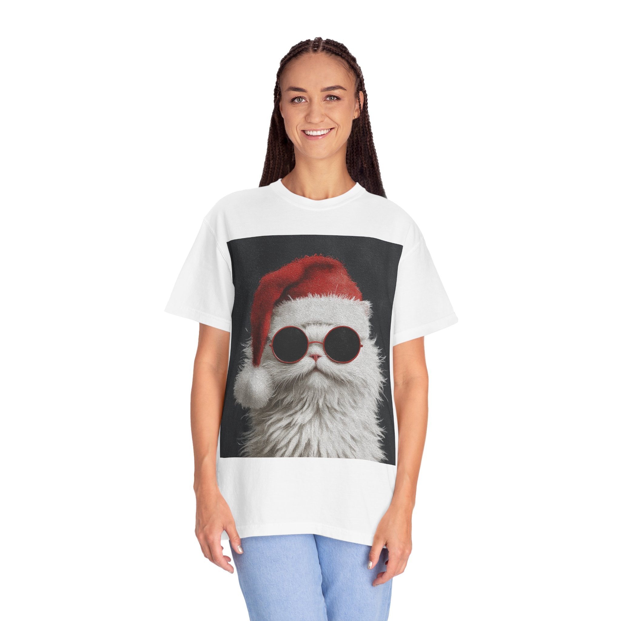 Cool White Cat in Santa Hat T-Shirt | Christmas Cat Shirt