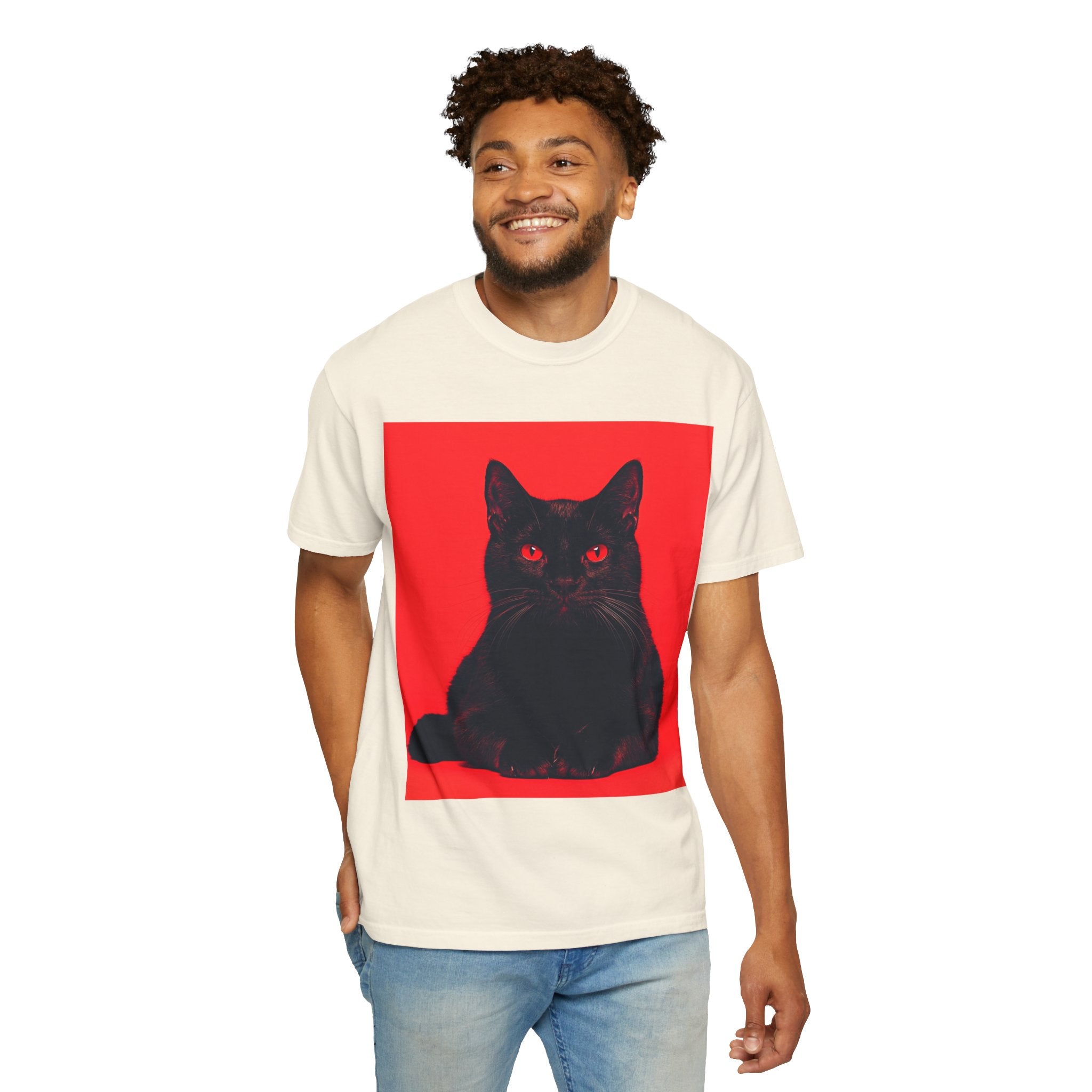 Unisex Siyah Kedi Portre Tişörtü | Kırmızı Kare Grafik