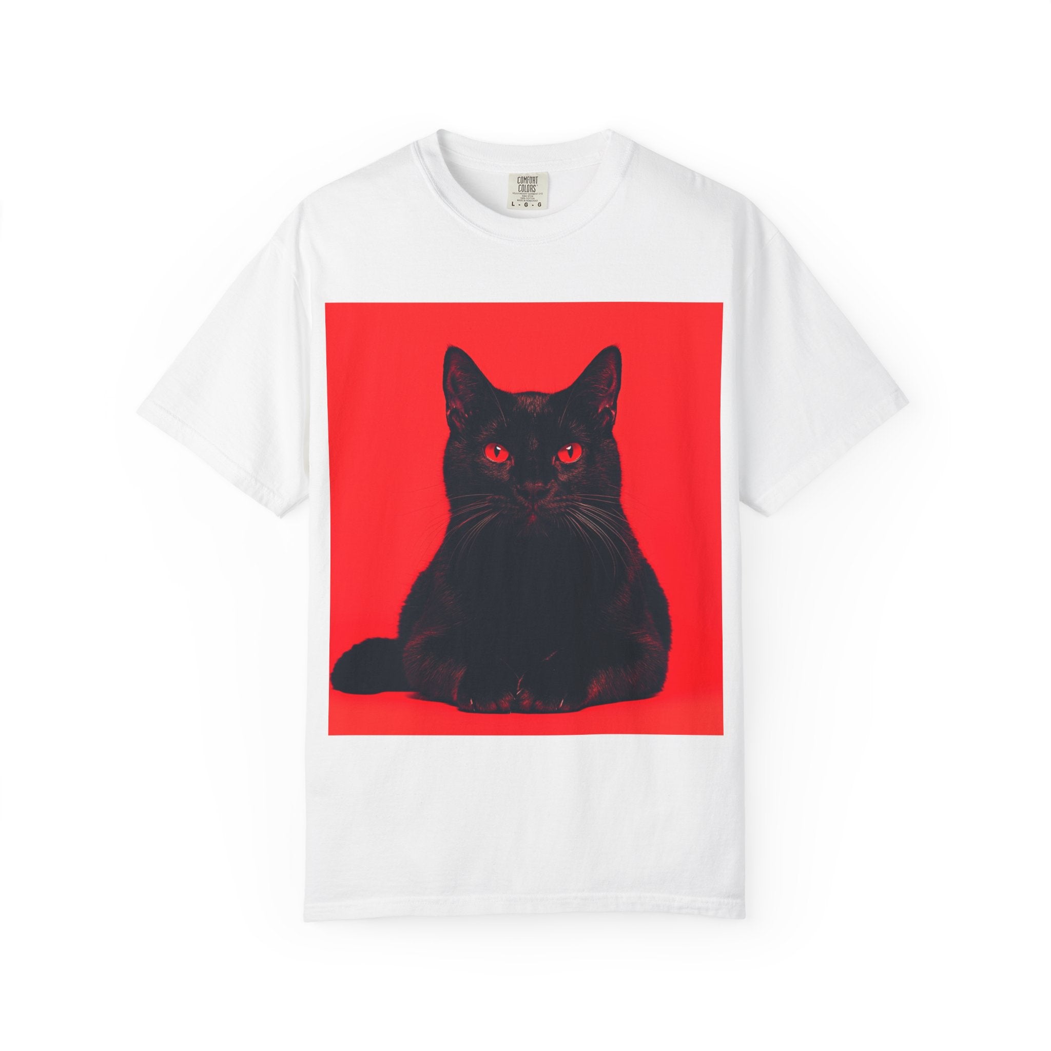 Unisex Siyah Kedi Portre Tişörtü | Kırmızı Kare Grafik