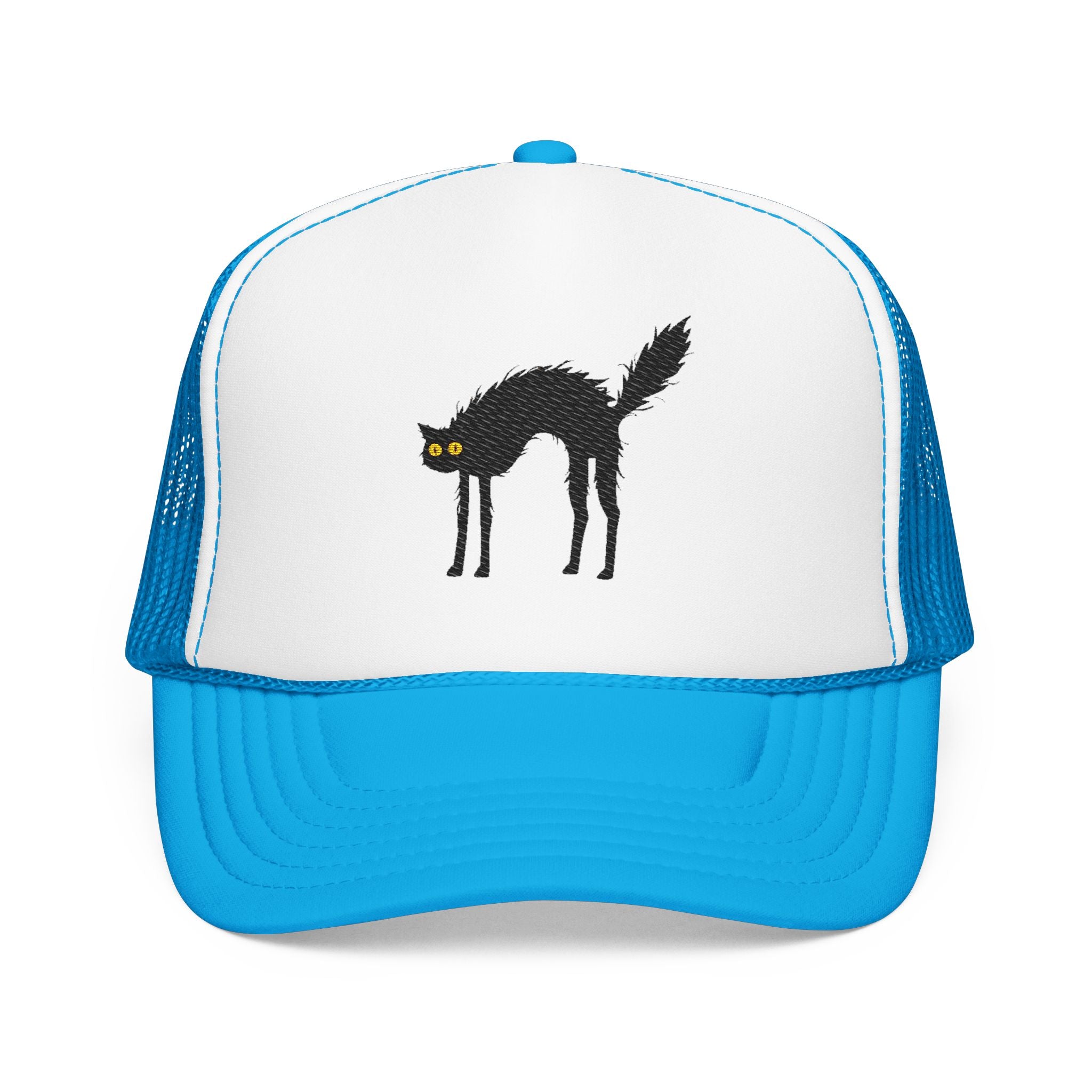 Embroidered Black Cat Trucker Hat — Vintage Halloween Foam Mesh Cap