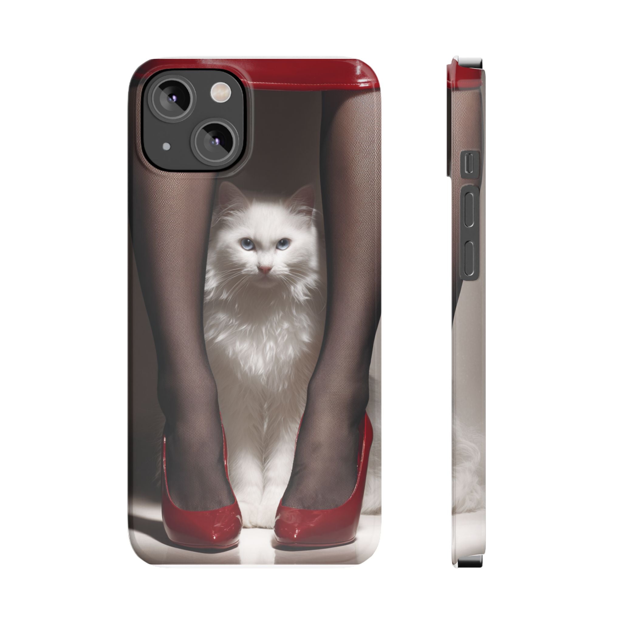Bacaklar Arasında Beyaz Tüylü Kedi İnce Telefon Kılıfı | Kırmızı Topuklu Ayakkabı, Siyah Çorap