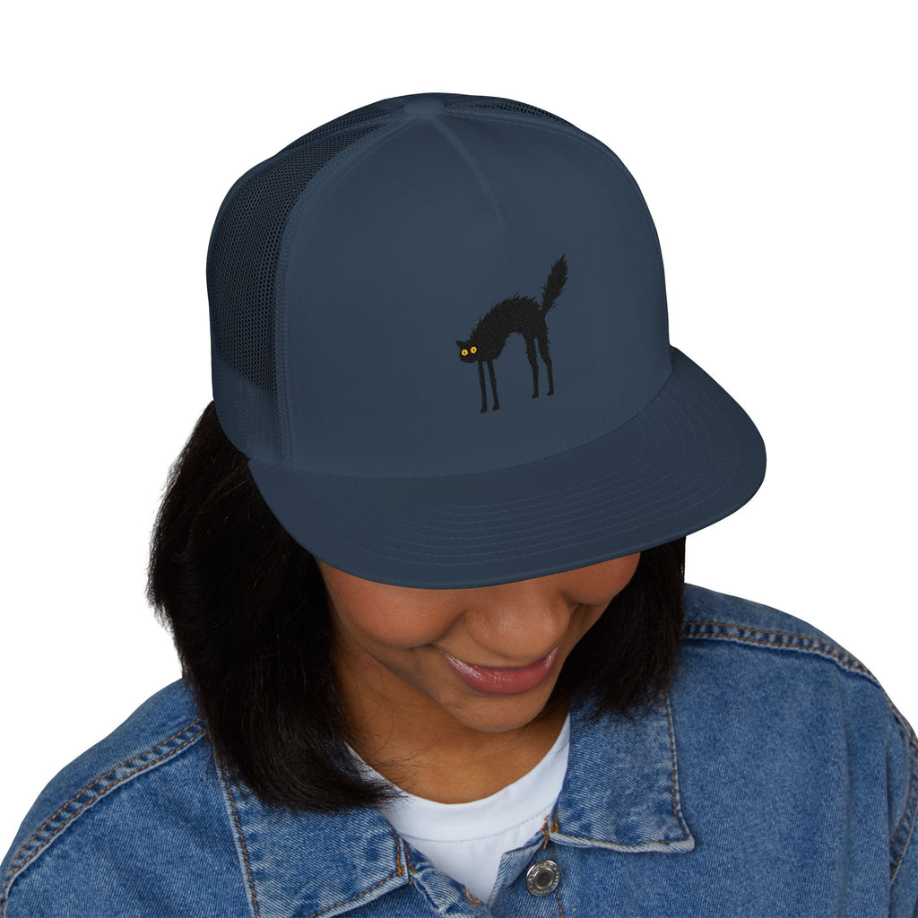 Black Cat Embroidered Trucker Cap – Vintage Spooky Hat