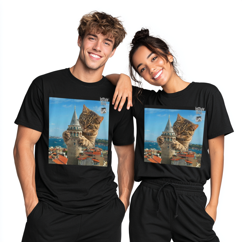 İstanbul'da Galata Kulesi'ne Tırmanan Unisex Dev Kedi Tişörtü | İstanbul Şehir Manzarası Tişörtü | İstanbul Kedi Hediyesi | Kedi Sahibi Hediye Fikri