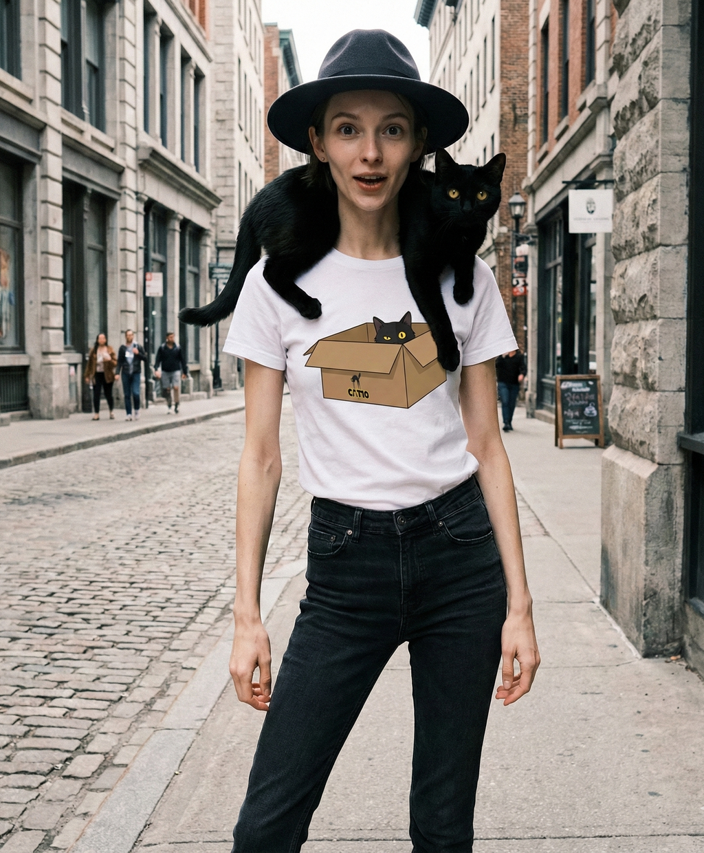 Karton Kutuda Siyah Kedili Unisex Tişört | Sevimli Kedi İllüstrasyonu