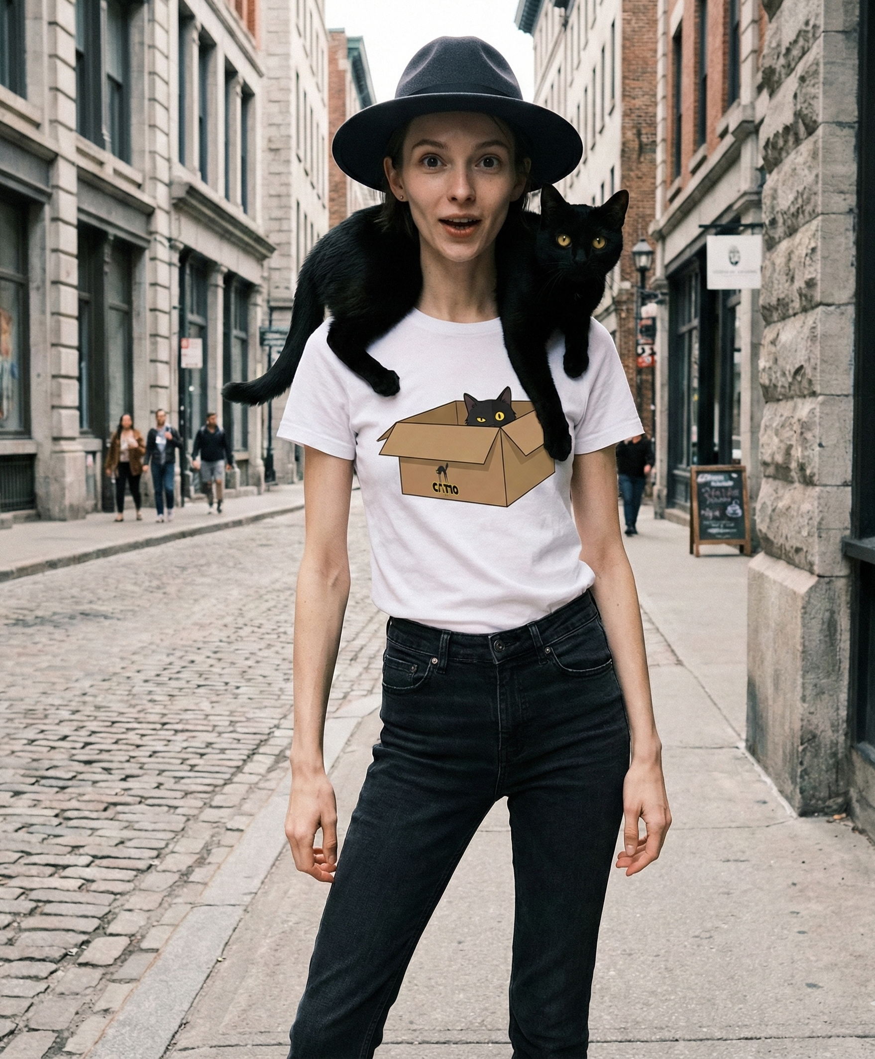 Karton Kutuda Siyah Kedili Unisex Tişört | Sevimli Kedi İllüstrasyonu