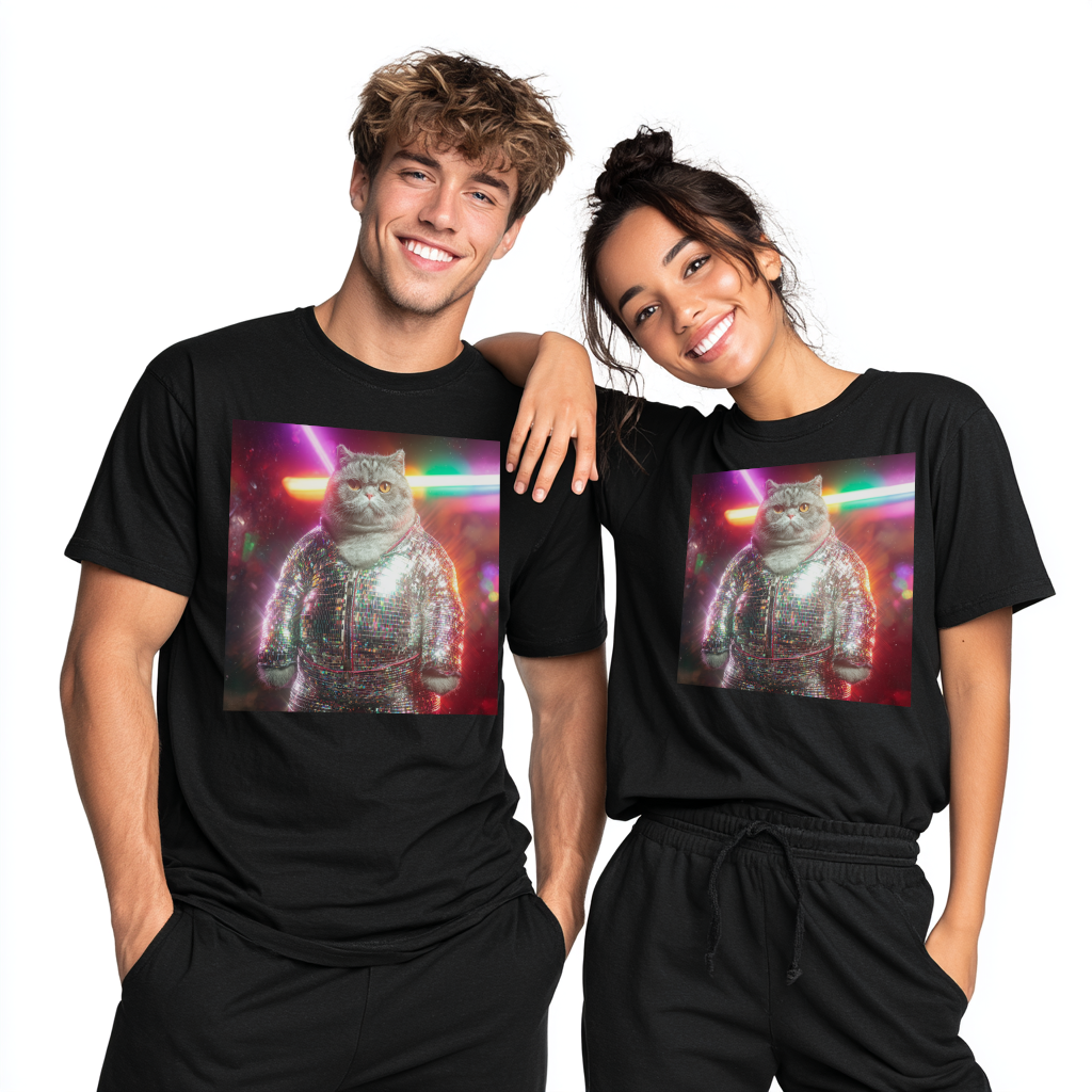 Unisex Disko Kedi Tişörtü | Pullu Ceketli Komik Kedi, Şık Kedi Severler Hediyesi, Trend Kedi Grafik Tişörtü