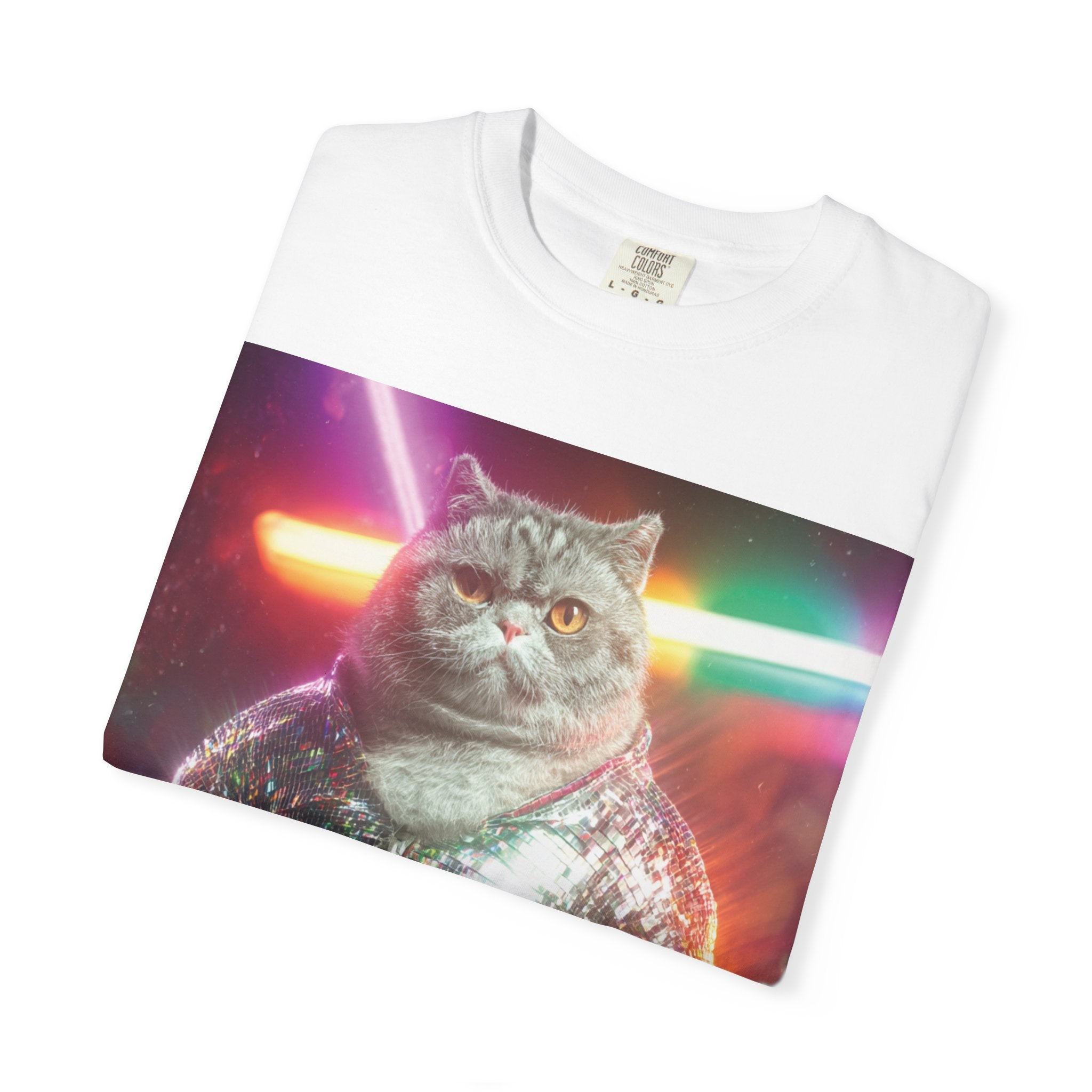 Unisex Disko Kedi Tişörtü | Pullu Ceketli Komik Kedi, Şık Kedi Severler Hediyesi, Trend Kedi Grafik Tişörtü