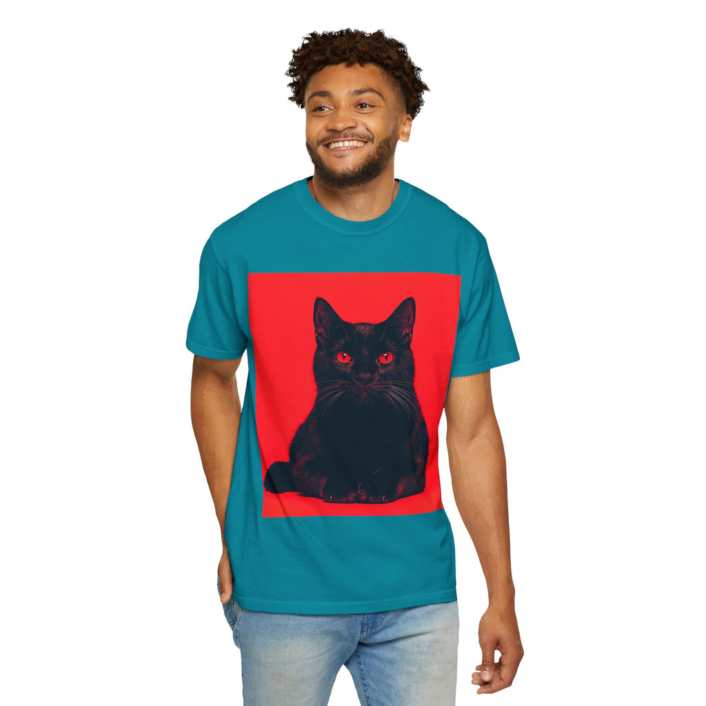 Unisex Siyah Kedi Portre Tişörtü | Kırmızı Kare Grafik