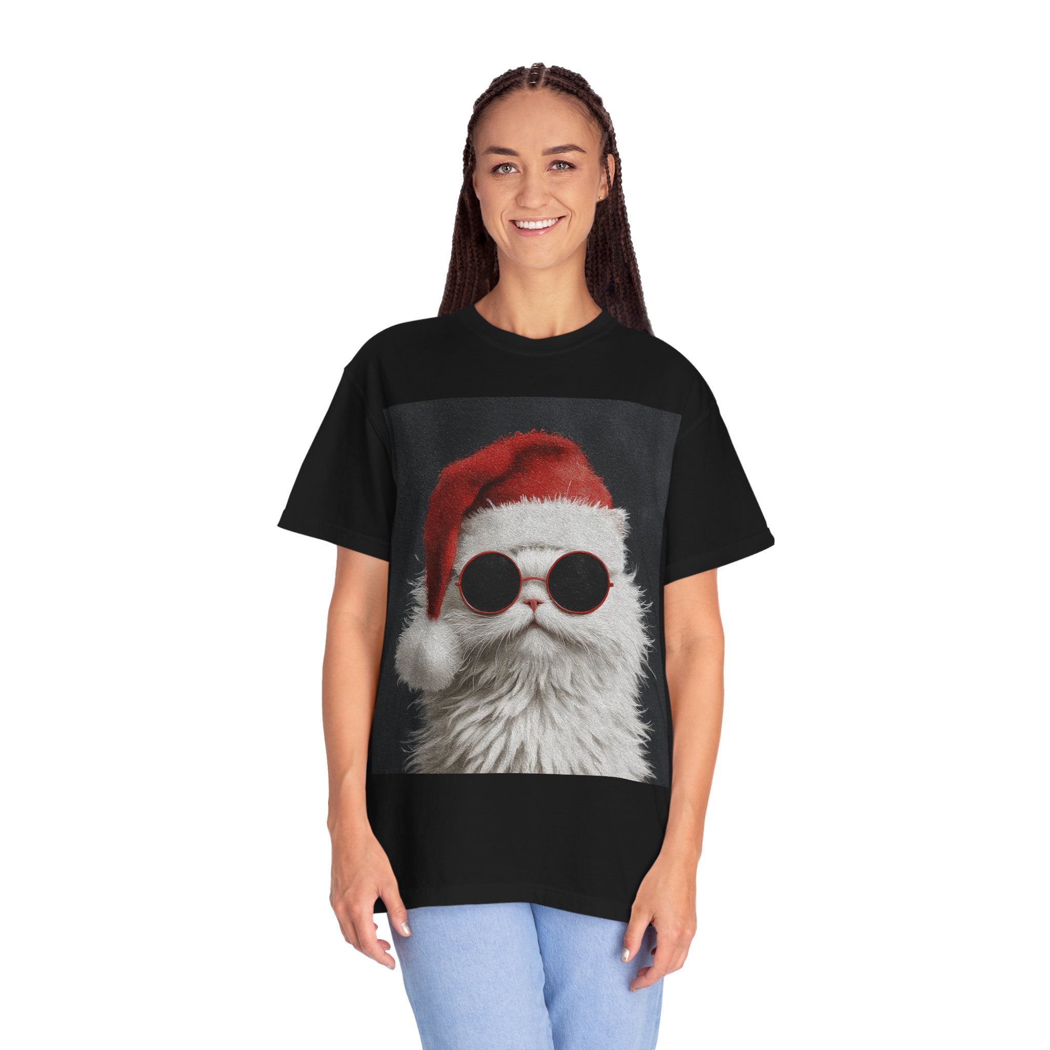 Cool White Cat in Santa Hat T-Shirt | Christmas Cat Shirt