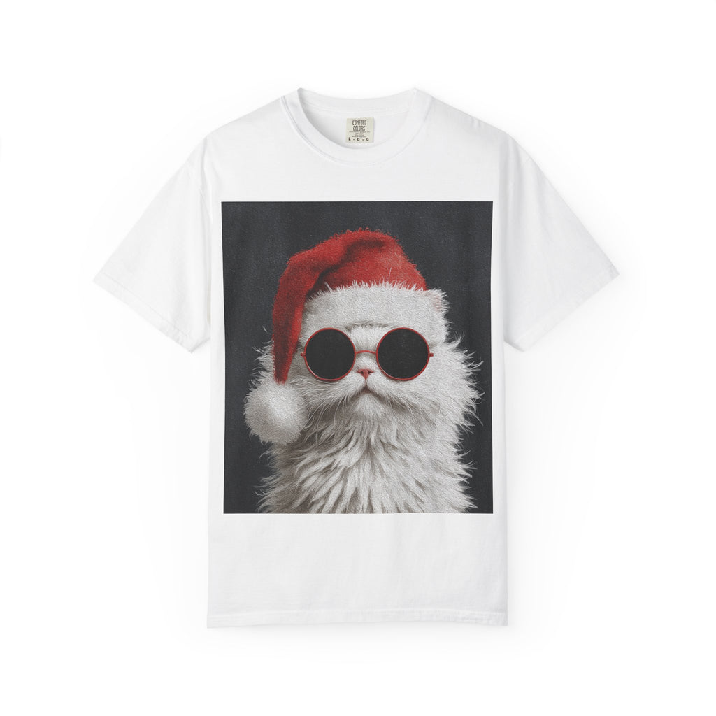 Cool White Cat in Santa Hat T-Shirt | Christmas Cat Shirt