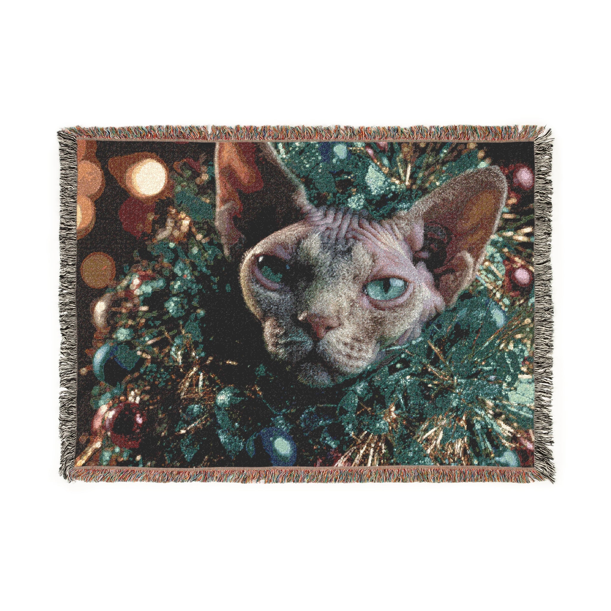 Christmas Cat Portrait Woven Blanket | Holiday Lights, Cozy Funny gift