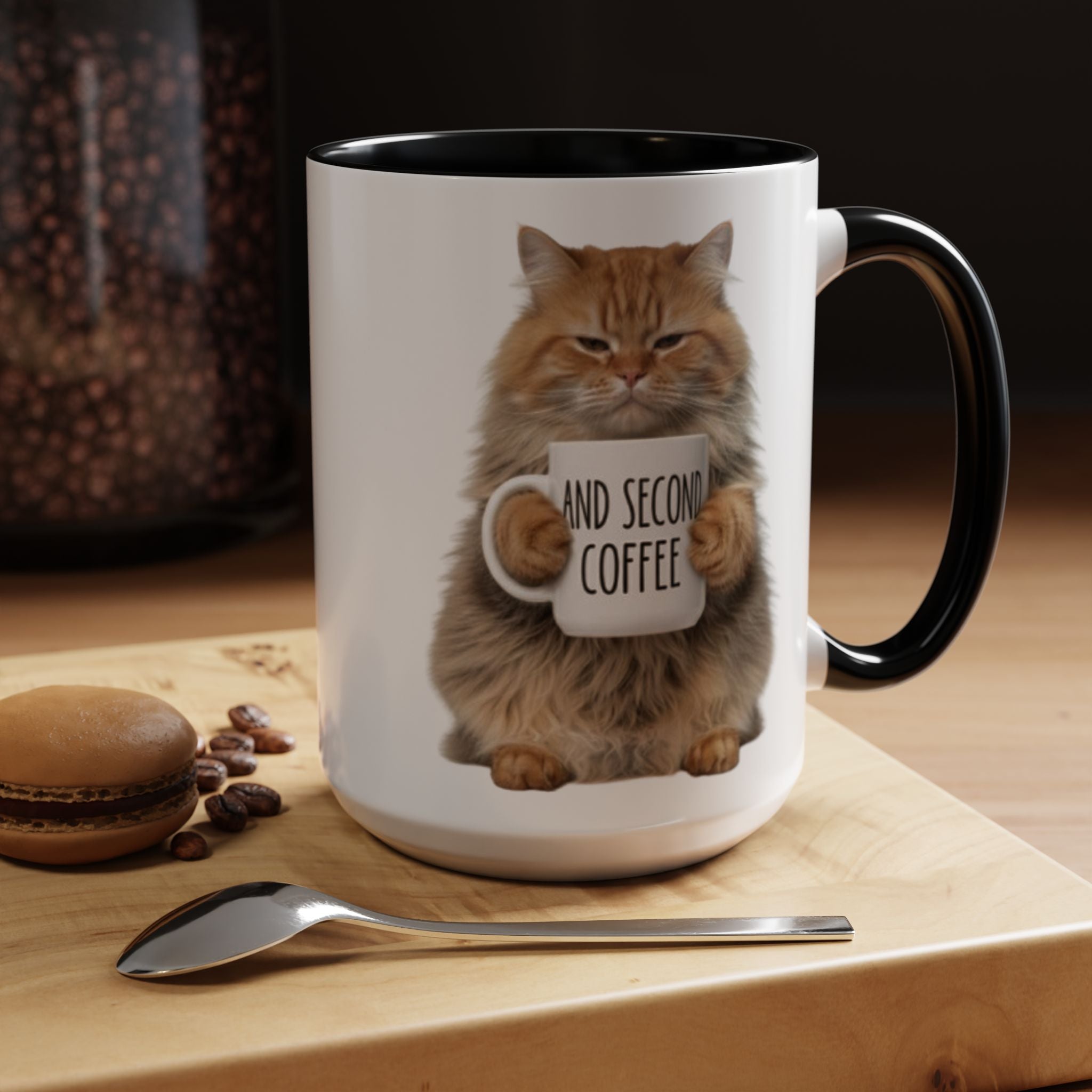 Cat Coffee Mug - Fluffy Cat Holding 'But first Coffee' Accent Mug (11/15oz) affordable gift