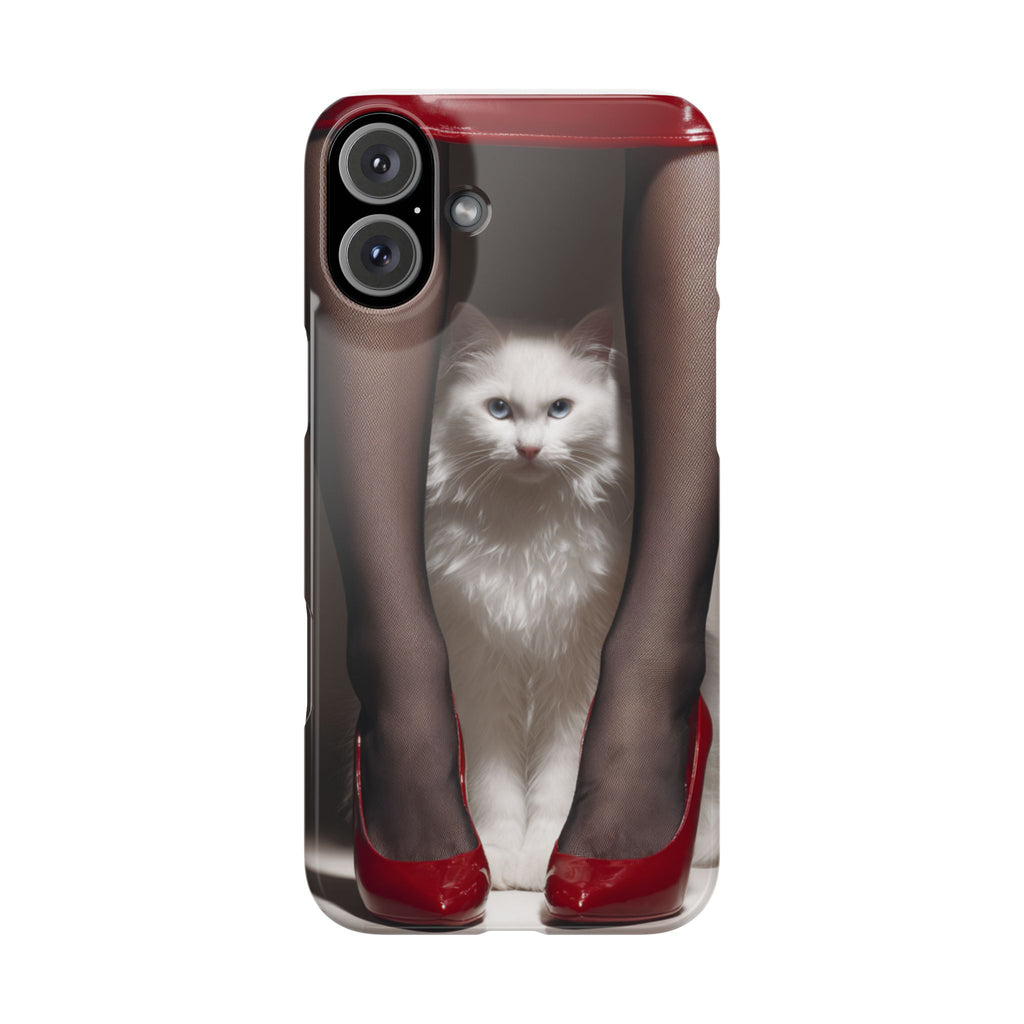Bacaklar Arasında Beyaz Tüylü Kedi İnce Telefon Kılıfı | Kırmızı Topuklu Ayakkabı, Siyah Çorap