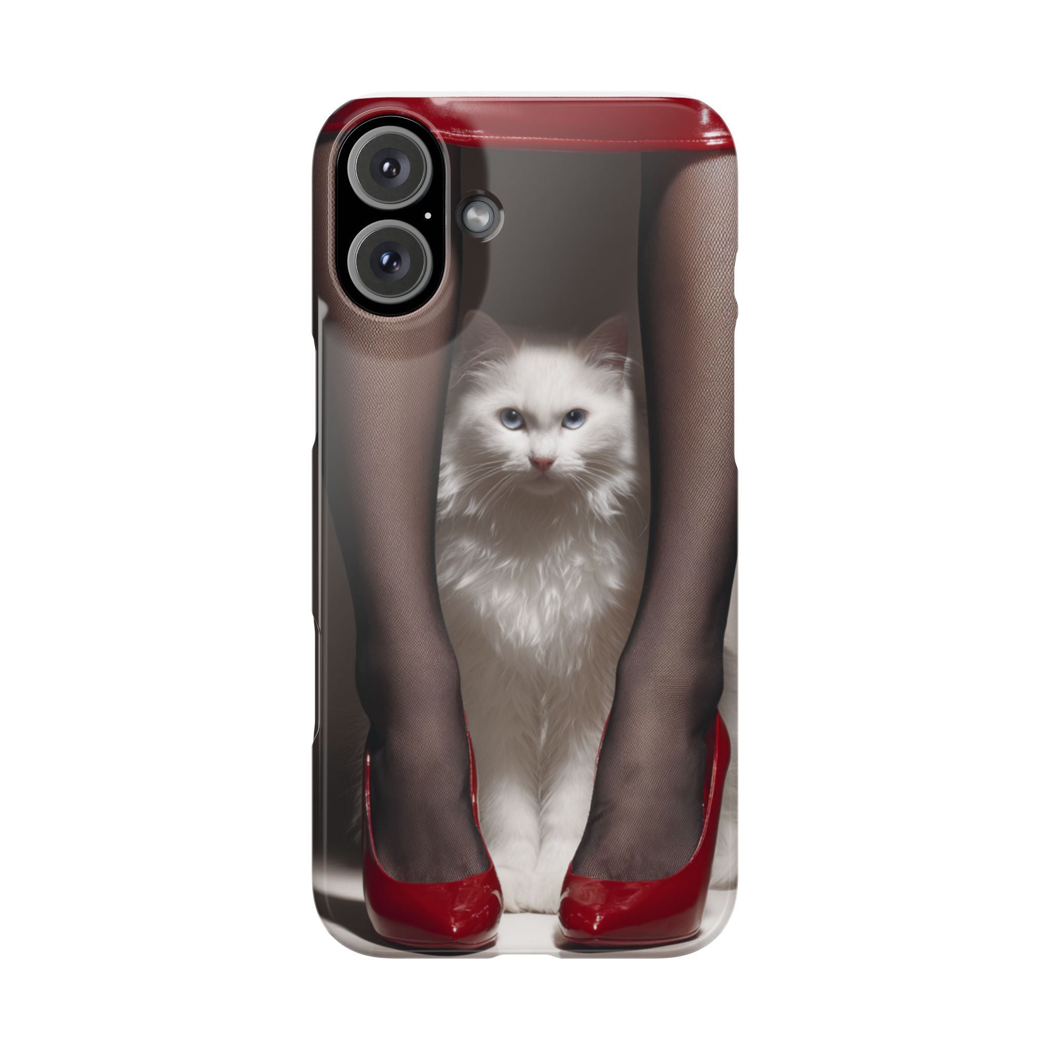 Bacaklar Arasında Beyaz Tüylü Kedi İnce Telefon Kılıfı | Kırmızı Topuklu Ayakkabı, Siyah Çorap