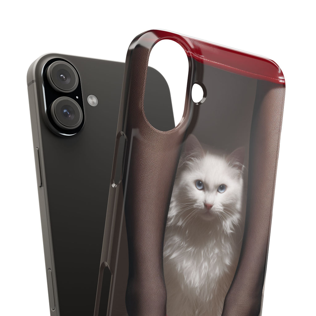 Bacaklar Arasında Beyaz Tüylü Kedi İnce Telefon Kılıfı | Kırmızı Topuklu Ayakkabı, Siyah Çorap