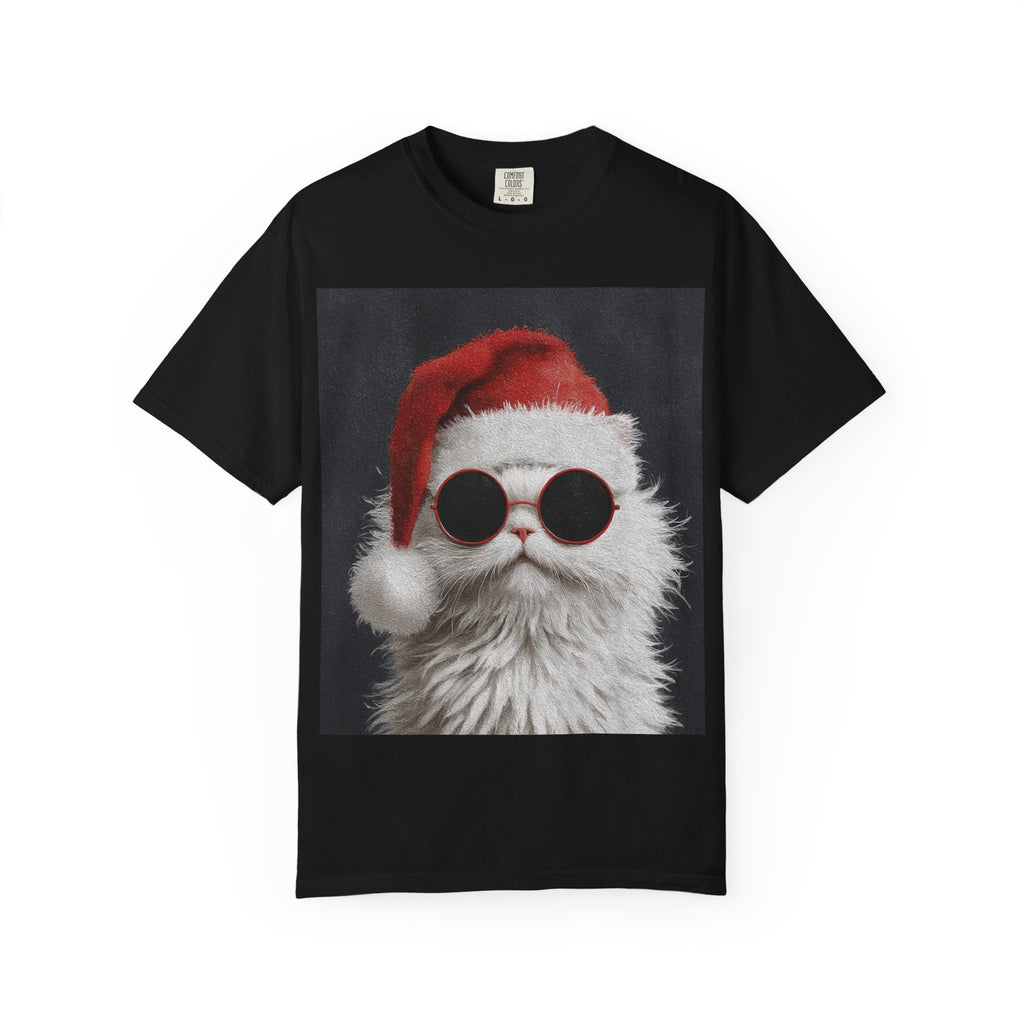 Cool White Cat in Santa Hat T-Shirt | Christmas Cat Shirt