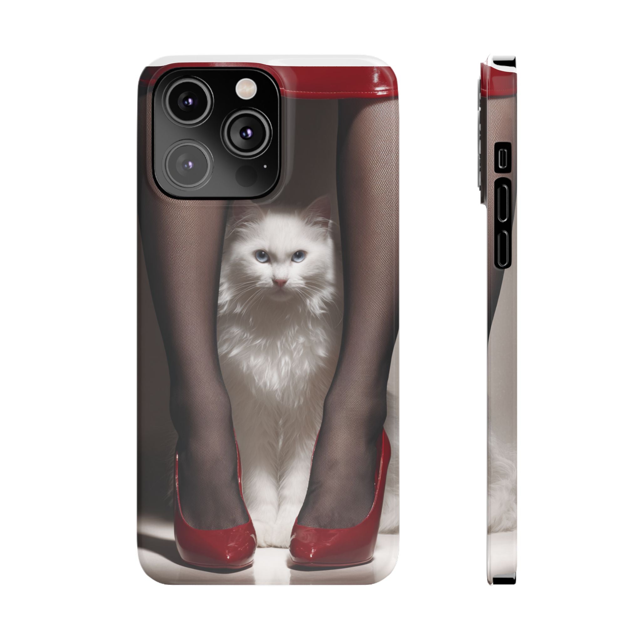 Bacaklar Arasında Beyaz Tüylü Kedi İnce Telefon Kılıfı | Kırmızı Topuklu Ayakkabı, Siyah Çorap
