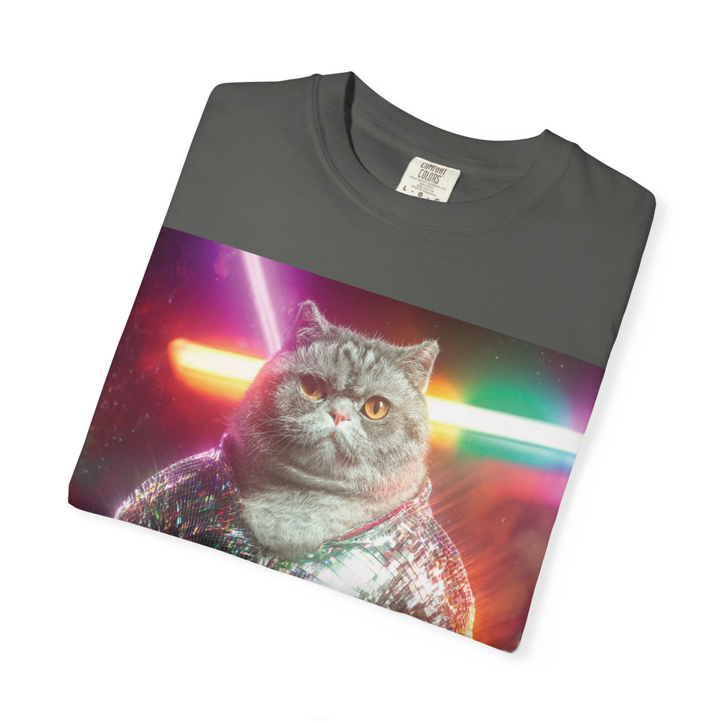 Unisex Disko Kedi Tişörtü | Pullu Ceketli Komik Kedi, Şık Kedi Severler Hediyesi, Trend Kedi Grafik Tişörtü