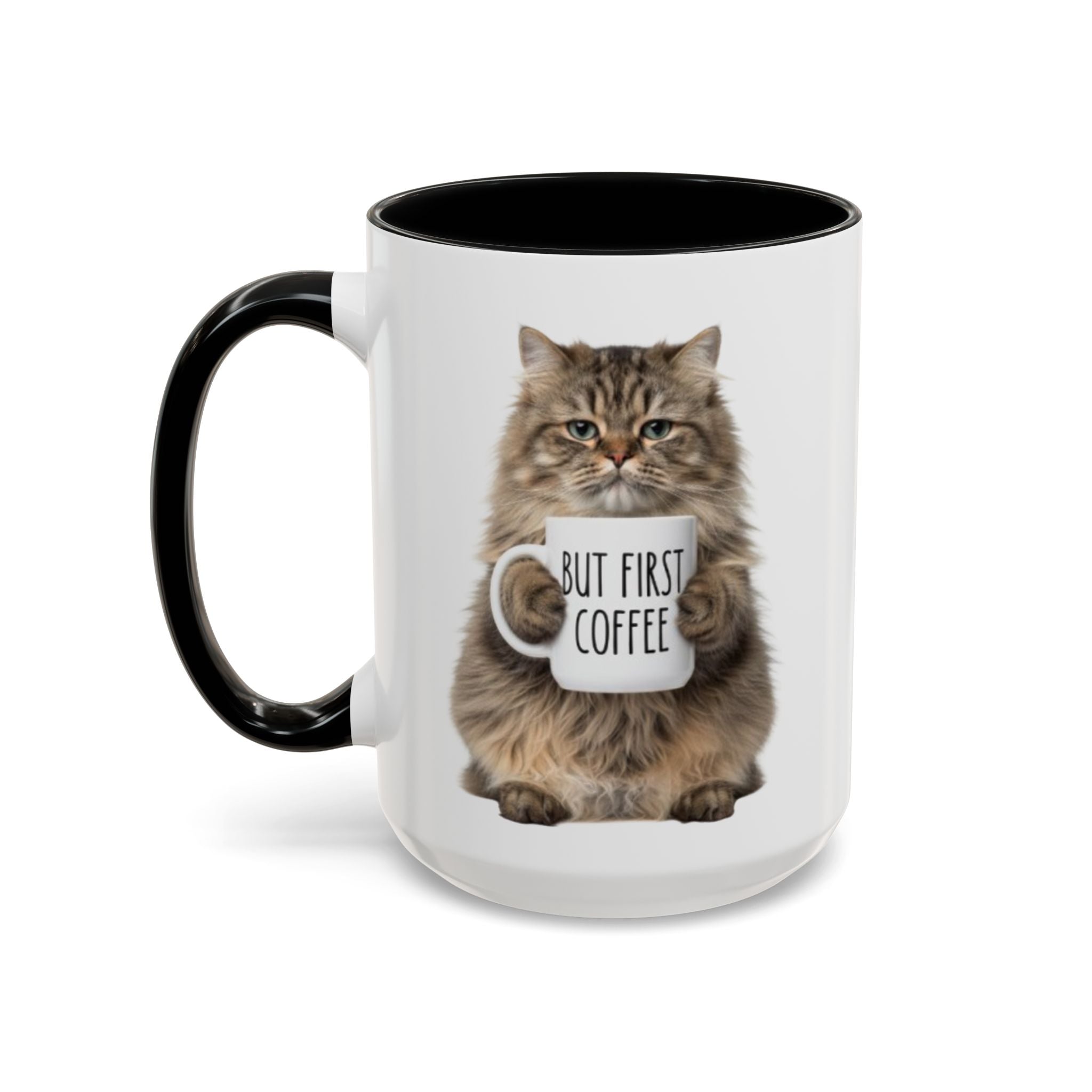 Cat Coffee Mug - Fluffy Cat Holding 'But first Coffee' Accent Mug (11/15oz) affordable gift