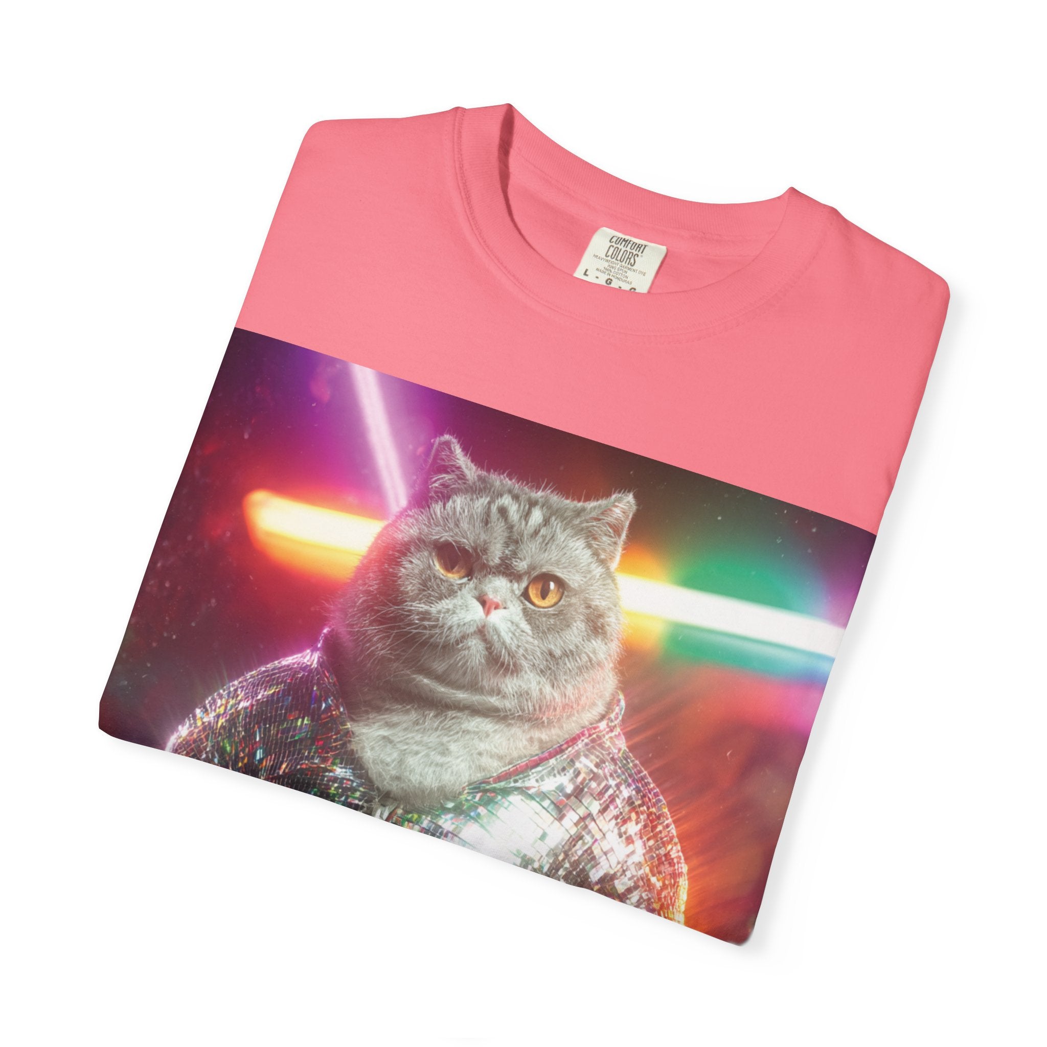 Unisex Disko Kedi Tişörtü | Pullu Ceketli Komik Kedi, Şık Kedi Severler Hediyesi, Trend Kedi Grafik Tişörtü