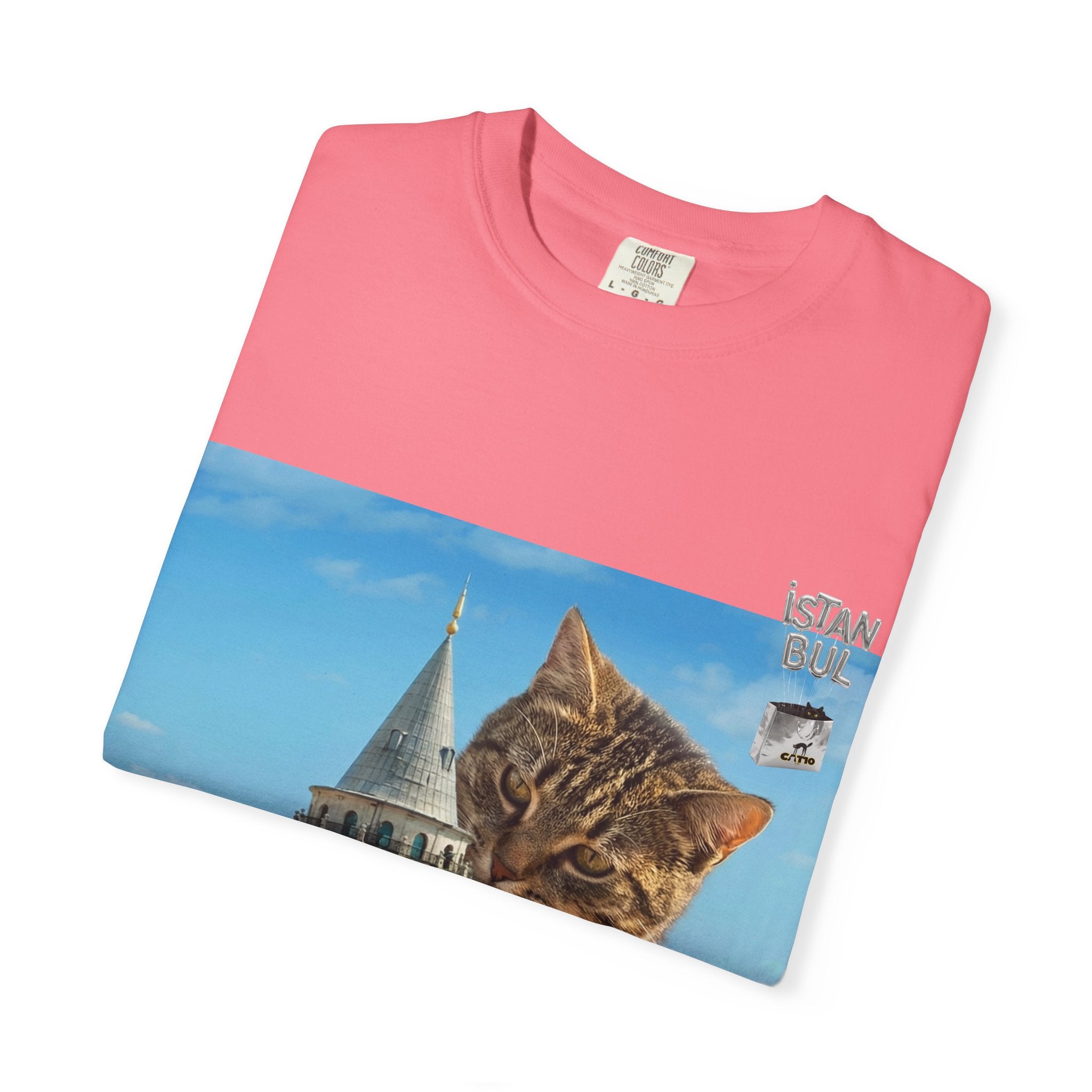 İstanbul'da Galata Kulesi'ne Tırmanan Unisex Dev Kedi Tişörtü | İstanbul Şehir Manzarası Tişörtü | İstanbul Kedi Hediyesi | Kedi Sahibi Hediye Fikri