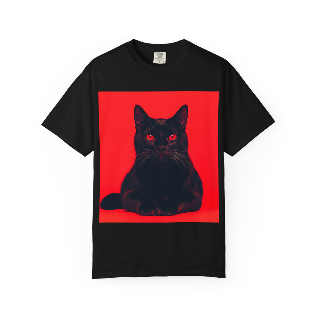 Unisex Siyah Kedi Portre Tişörtü | Kırmızı Kare Grafik