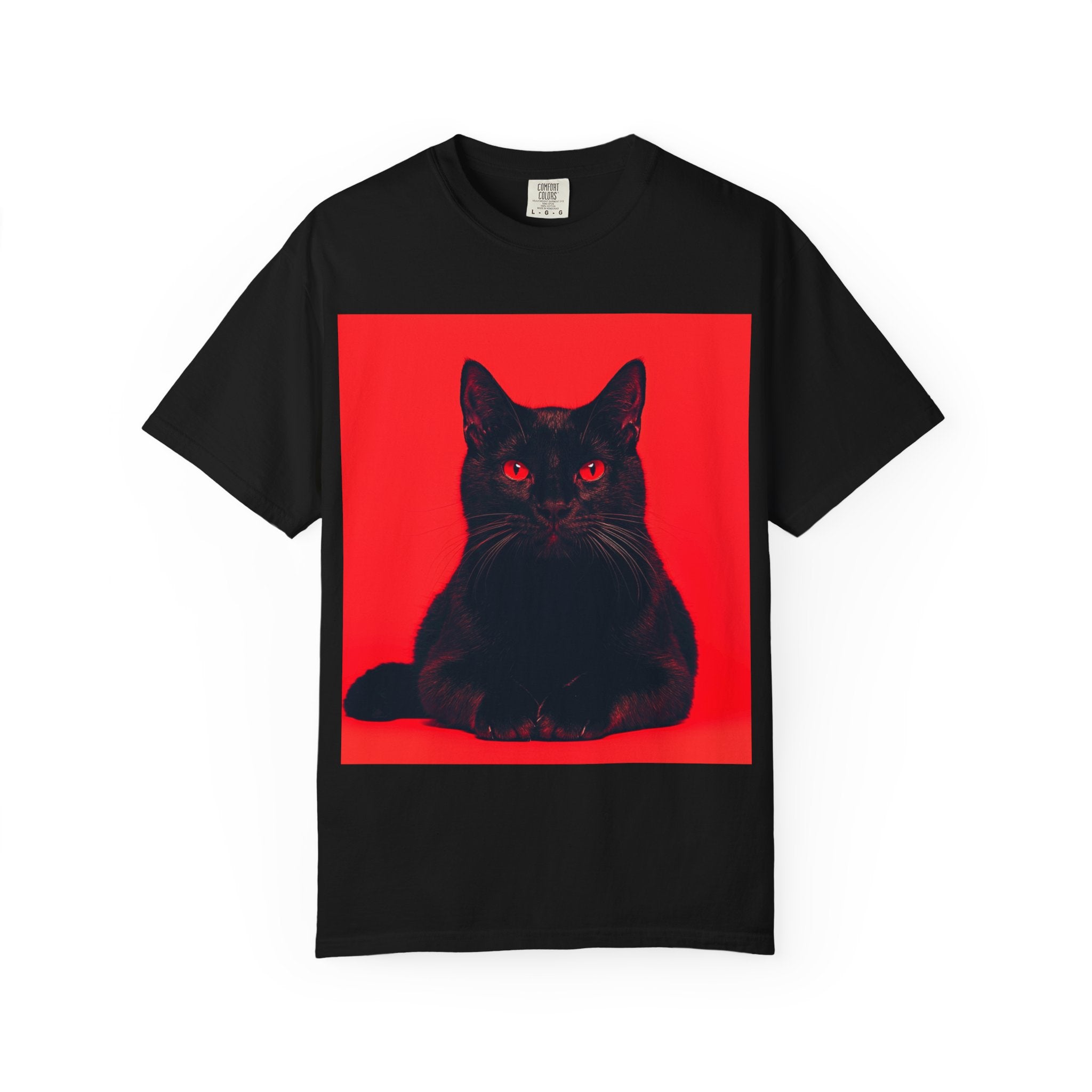 Unisex Siyah Kedi Portre Tişörtü | Kırmızı Kare Grafik