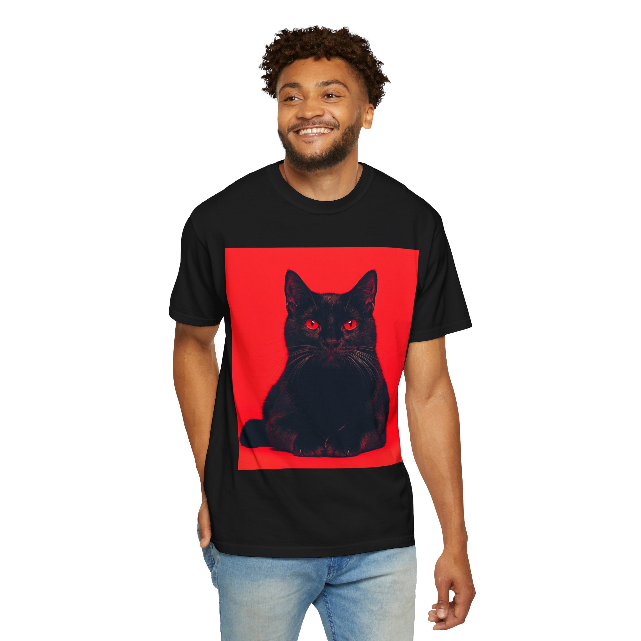 Unisex Siyah Kedi Portre Tişörtü | Kırmızı Kare Grafik