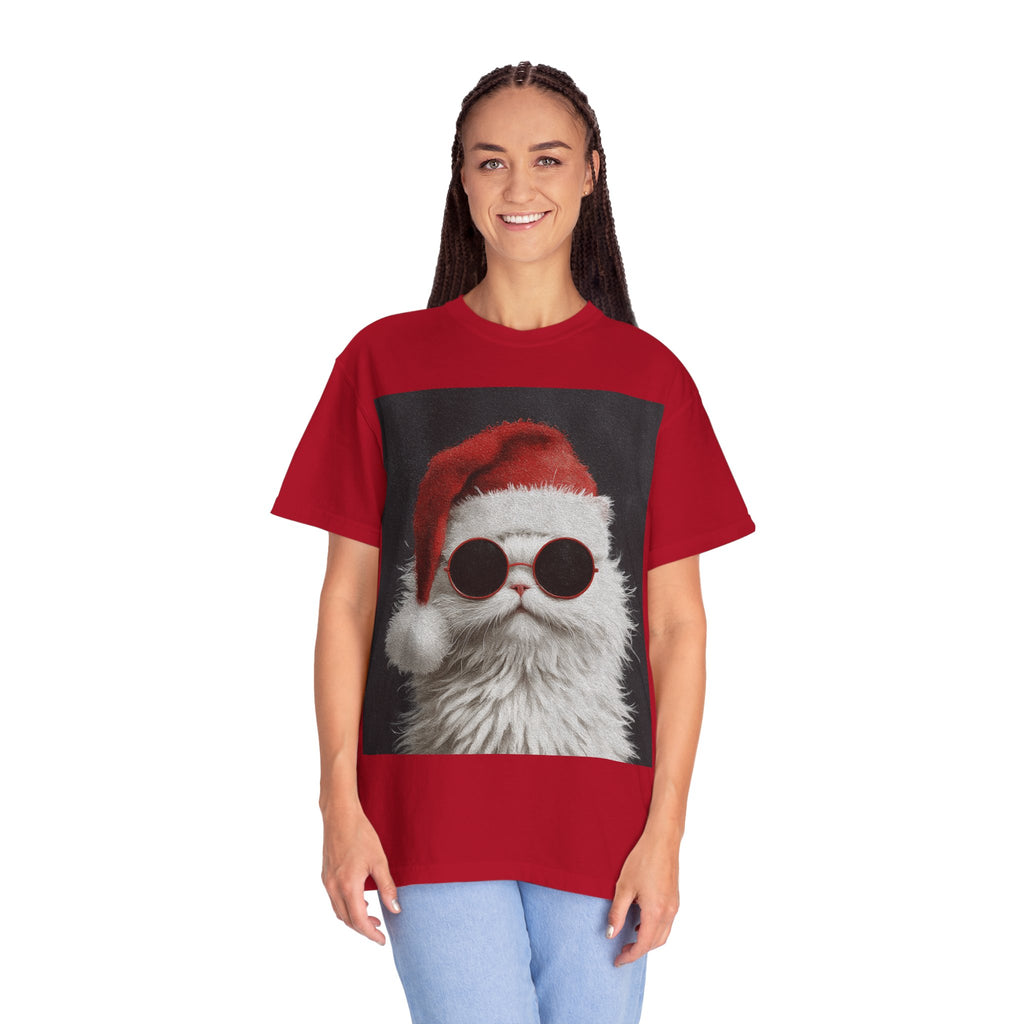 Cool White Cat in Santa Hat T-Shirt | Christmas Cat Shirt