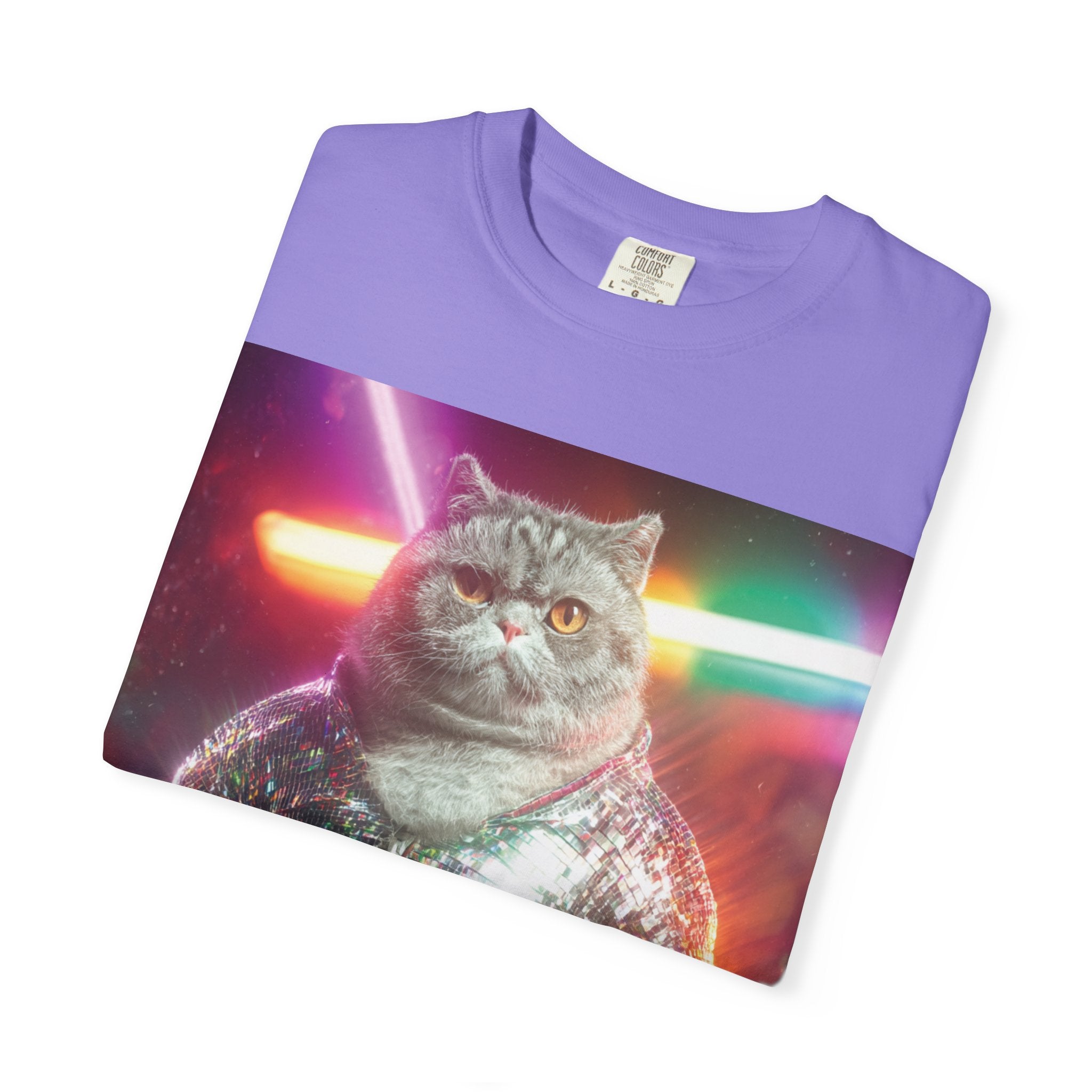 Unisex Disko Kedi Tişörtü | Pullu Ceketli Komik Kedi, Şık Kedi Severler Hediyesi, Trend Kedi Grafik Tişörtü